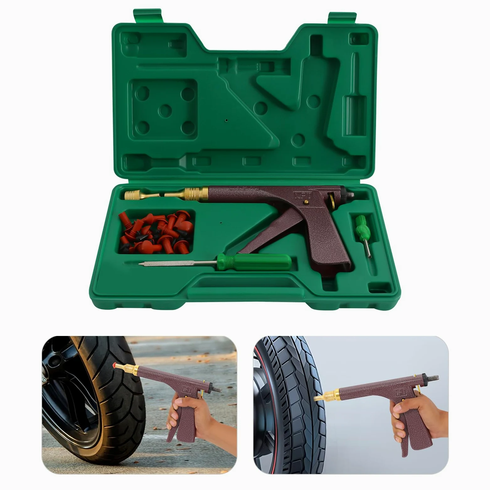 Kit de pistola de reparación de neumáticos, herramientas de reparación de pinchazos sin cámara con boquilla de sonda de hongo para motocicleta, camión, ATV, tractor, remolque, solución completa de