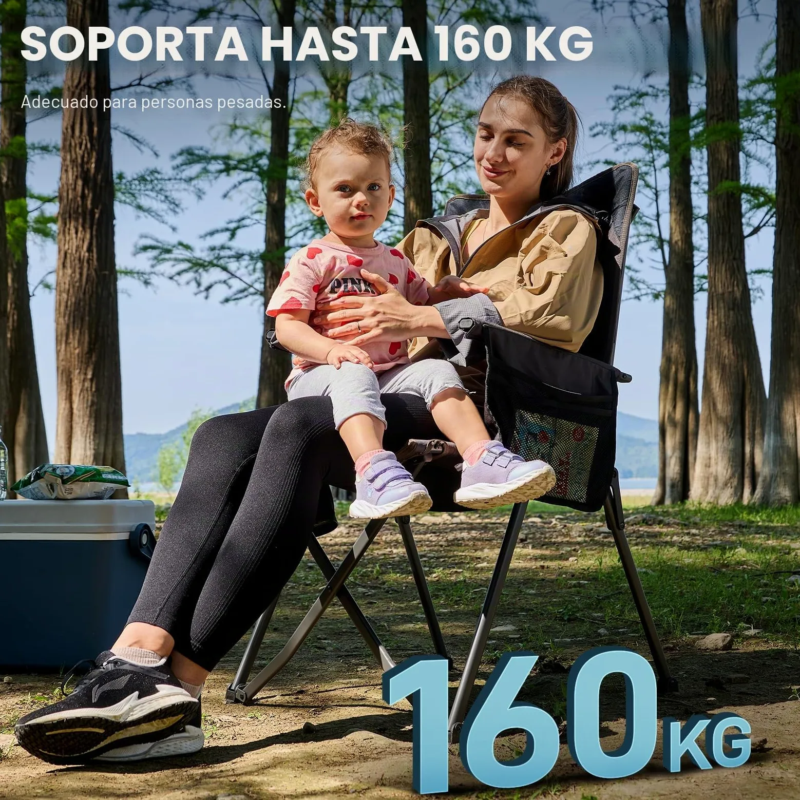 EVER ADVANCED Silla plegable de Campinng con respaldo ajustable, soporta 160 kg, silla plegable reclinable en 4 posiciones, silla plegable con bolsillo lateral y soporte para bebidas para camping