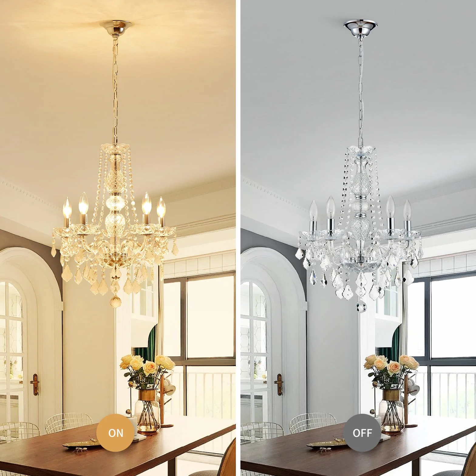 WUZUPS Crystal 5-Light Candle Chandelier Flushmount Chrome Ceiling Light, H 63.5cm x W 50.8cm, E14