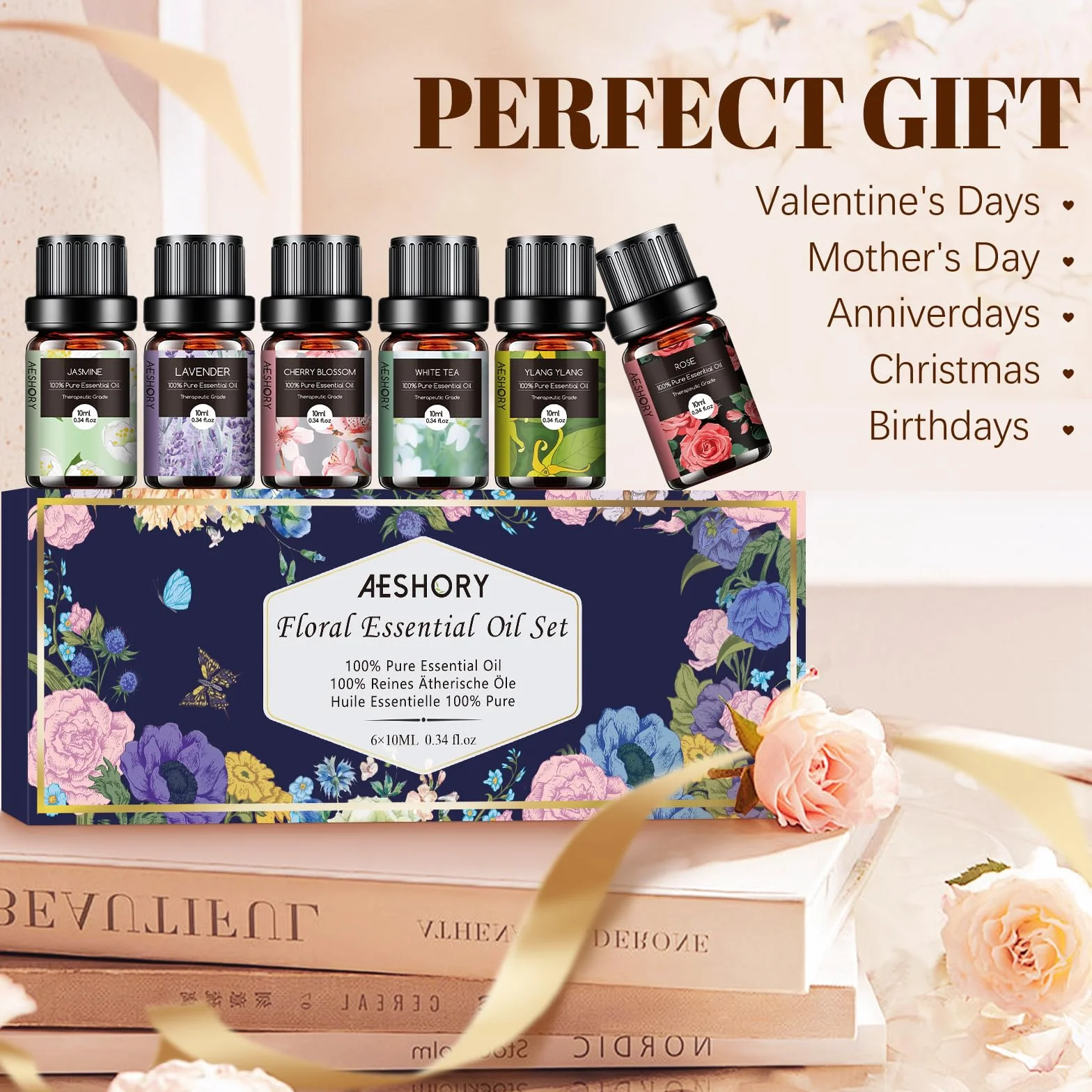 AESHORY Aceites Esenciales para Humidificador 6 x 10ml, Set de Aromaterapia Natural - Flor de Cerezo, Jazmín, Lavanda, Rosa, Té Blanco, Ylang Ylang