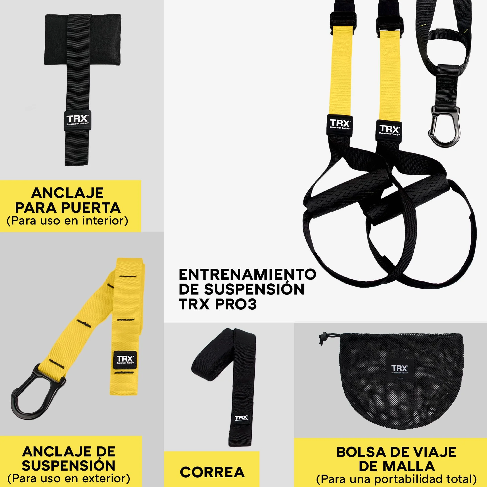TRX PRO sistema de entrenamiento de suspensión diseño y durabilidad | incluye tres soluciones de anclaje, 8 entrenamientos de vídeo y programa de entrenamiento de 8 semanas