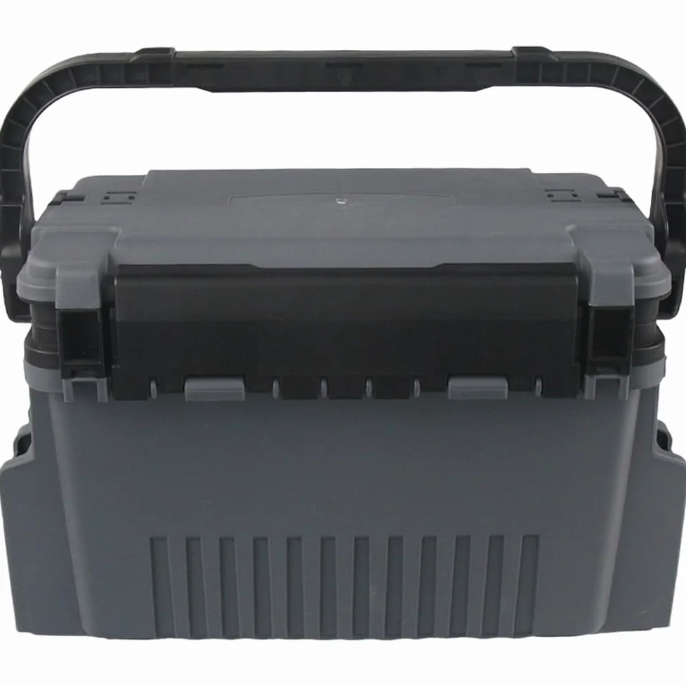 Caja de aparejos de pesca de gran capacidad con asiento, divisores ajustables para mar y agua dulce, estuche de almacenamiento portátil de polietileno con correa para el hombro, negro (gris pequeño)