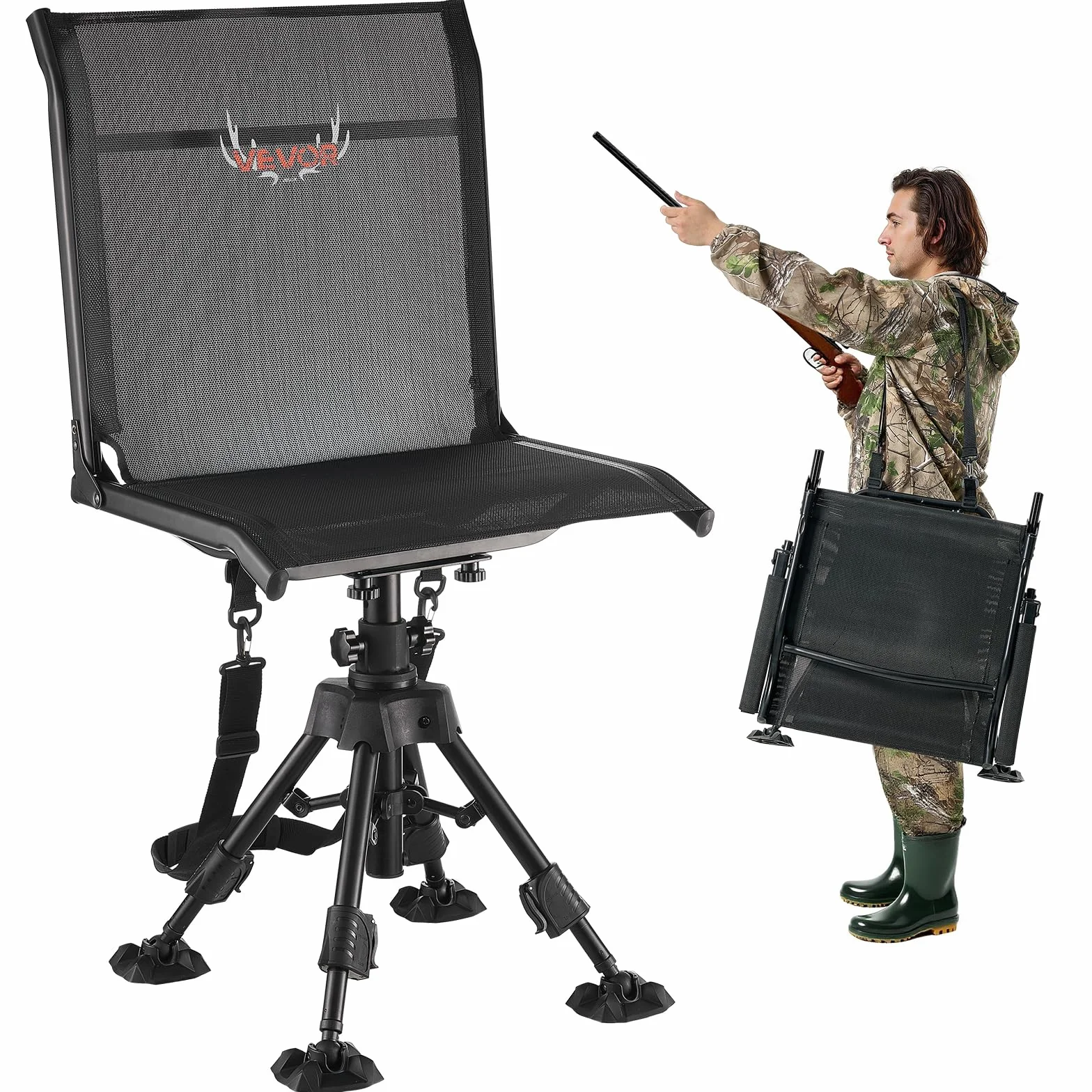 VEVOR Silla de Caza Giratoria Silenciosa de 360°, Plegable, con Estructura de Acero Resistente, Asiento Tipo Taburete con Patas Giratorias Antihundimiento, Carga 158 kg, 570 x 500 x 880-1080 mm