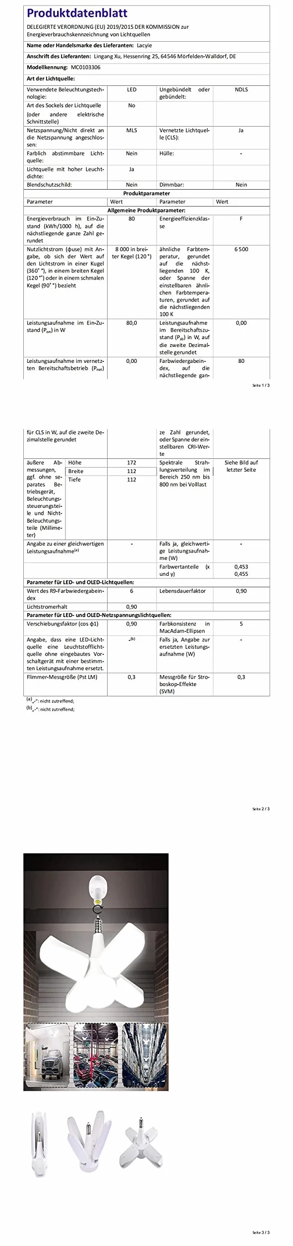 Lámpara de Techo LED 80W 8000LM E27 4 Paneles Ajustables Blanco Frío para Garaje Taller