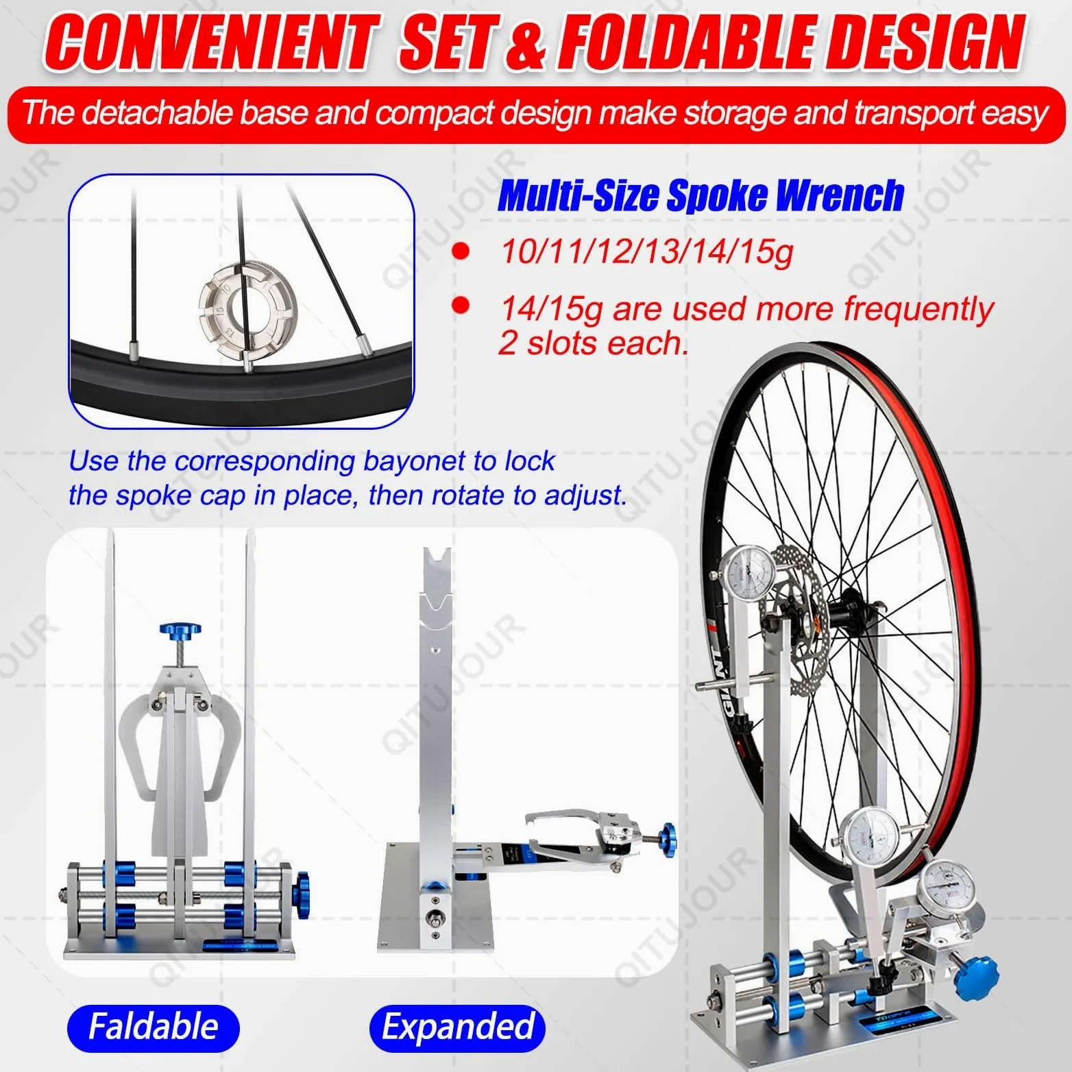 Wheel Truing Stand for Bicycle, Professional Rim Repair Tool, Adjustable 55-200mm Hub Width, Multi-Size Spoke Wrench 10-15G Nipples Portable Maintenance Stand for MTB Road Bike
