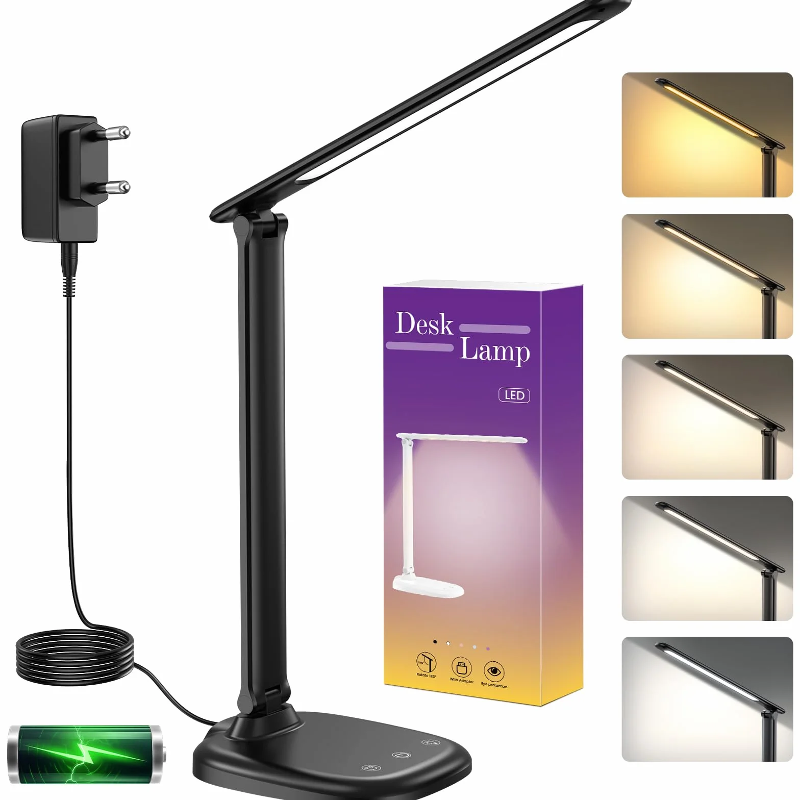 Lámpara de Escritorio LED, 5 Modos, Batería 4000mAh, Puerto USB, Control Táctil, Temporizador