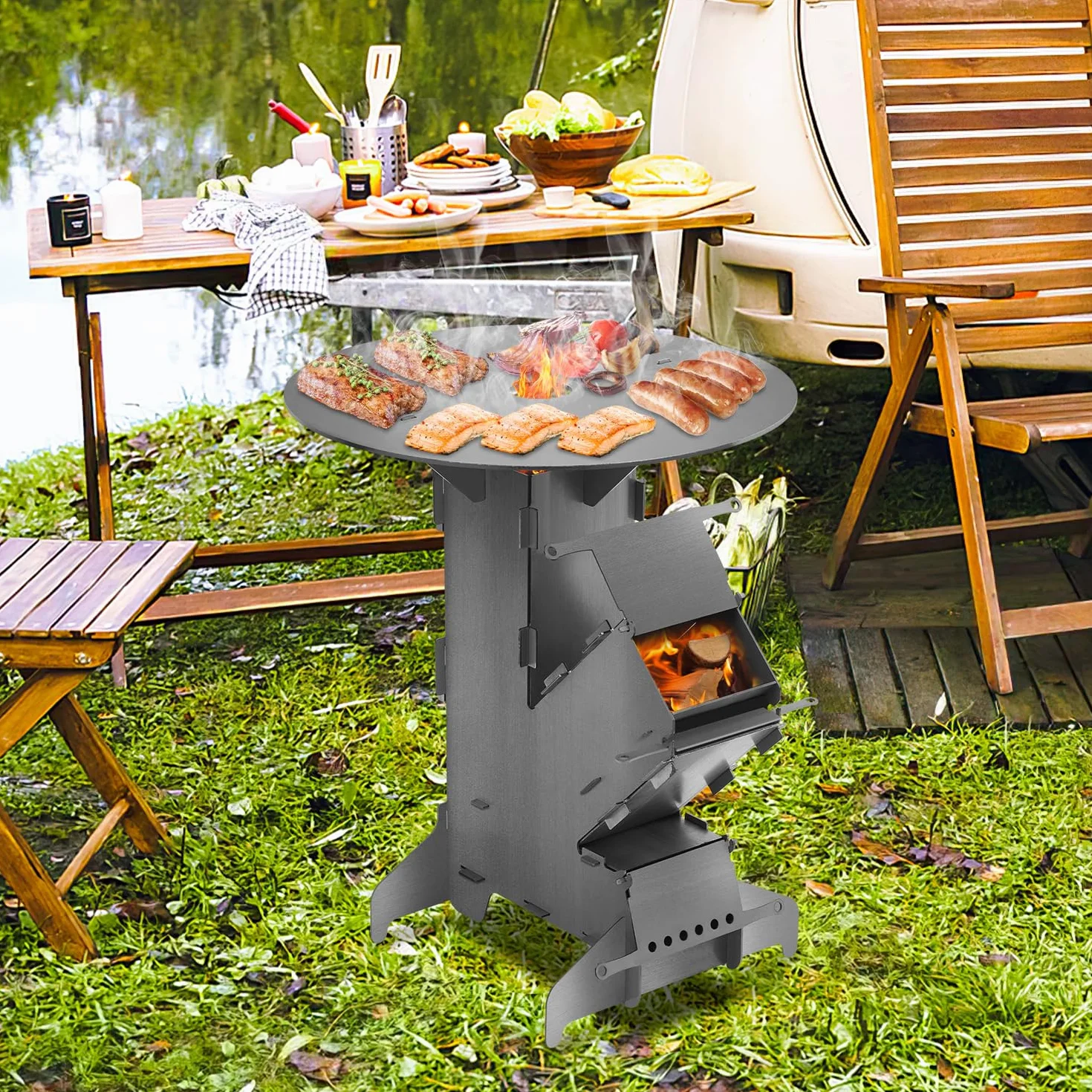 Eulenke Horno de cohetes con placa de parrilla y gancho para fuego, sistema de conexión Rocket Stove de acero de 3 mm de grosor, estufa de cohetes, estufa de leña, estufa de camping, estufa de cañón
