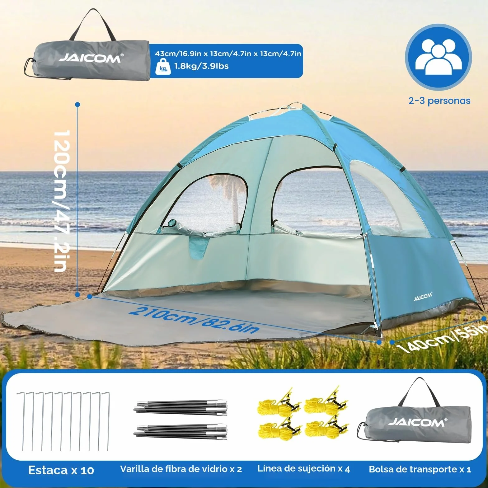 JAICOM Tienda de campaña playa 2-3 personas UPF 50+ UV ligera montaje rápido