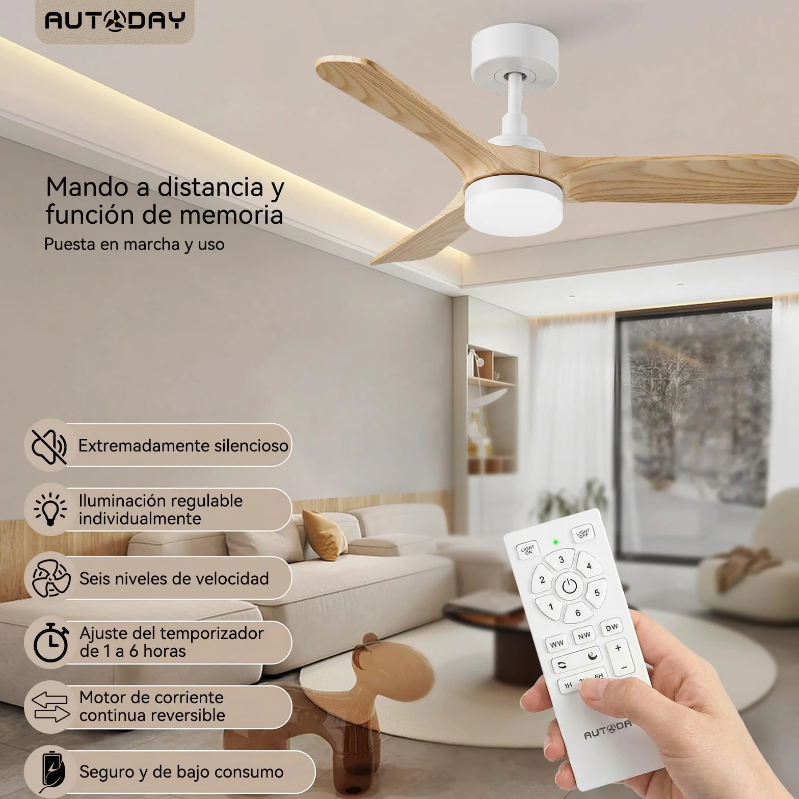 Ventilador de techo con Luz LED 90 cm 30 W Ultra Silencioso 3 Aspas Reversibles Mando Distancia Temporizador 1/3/6H Verano-Invierno 6 velocidades