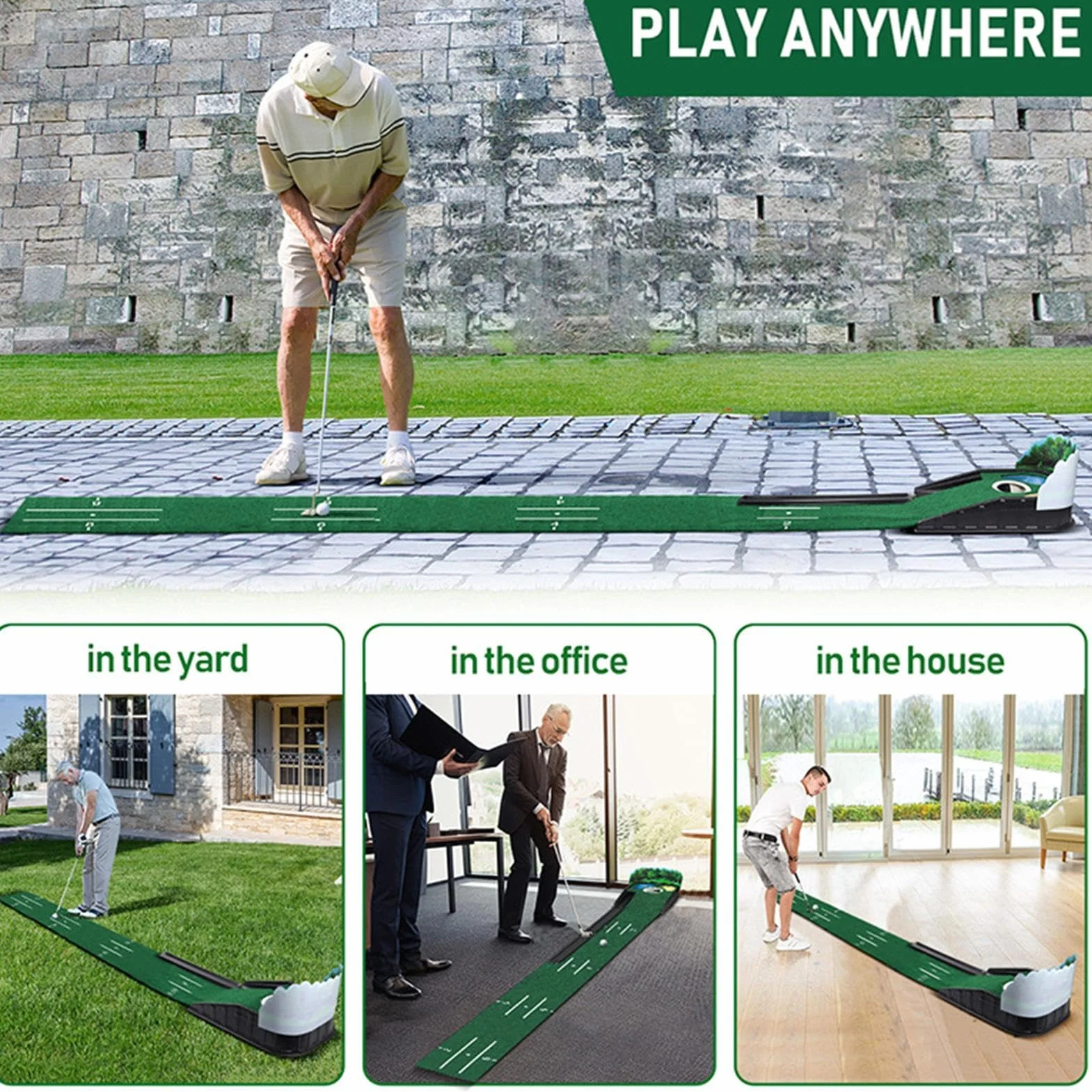Putting Green Mat, Golf Putting Mat | Estera de golf - Alfombra de terciopelo lujosa con base de madera maciza con retorno automático de bola, accesorios de golf para uso en interiores y exteriores pa