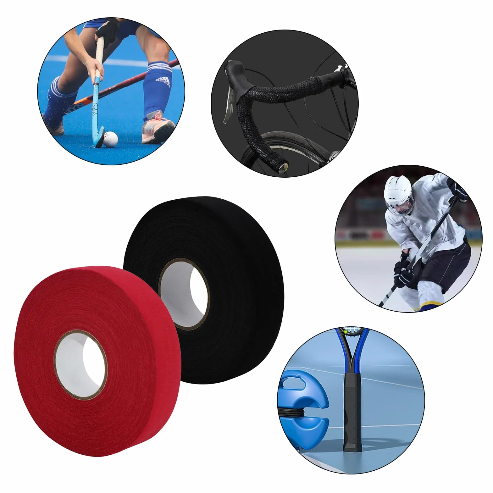 2 Rollos Cinta de Hockey Autoadhesivas Raqueta Cinta 2,5 cm x 25 m Cinta Hockey Antideslizante para Mango, Cinta de Tela para Hockey para Palo de Hockey Tenis Golf (Negro,Rojo)