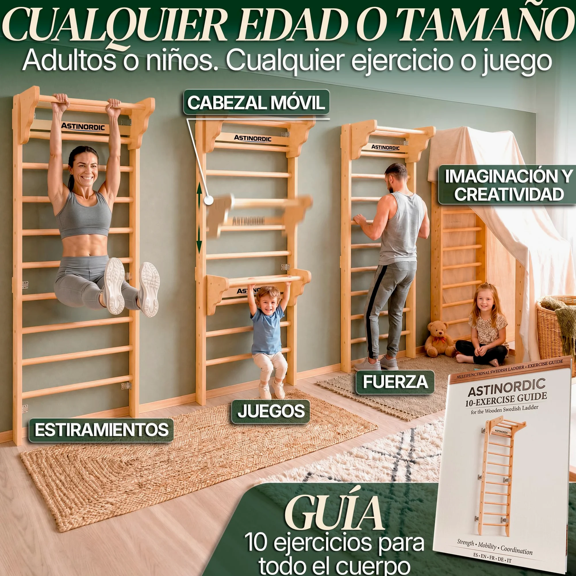 Espaldera Gimnasio Casa con Barra de Dominadas | Escalera Sueca Madera | Soporta hasta 150 kg | Montaje Fácil, Todo Incluido