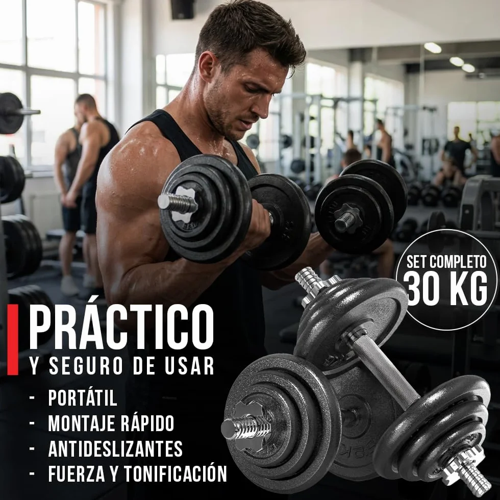 ManiBoom Mancuernas Ajustables HIERRO PURO (No Plástico) - Kit Pesas 3 en 1 con Barra Extensora - Maletín Rígido de Musculación y Fitness en Casa - Discos Macizos y Seguros (15kg - 55kg)