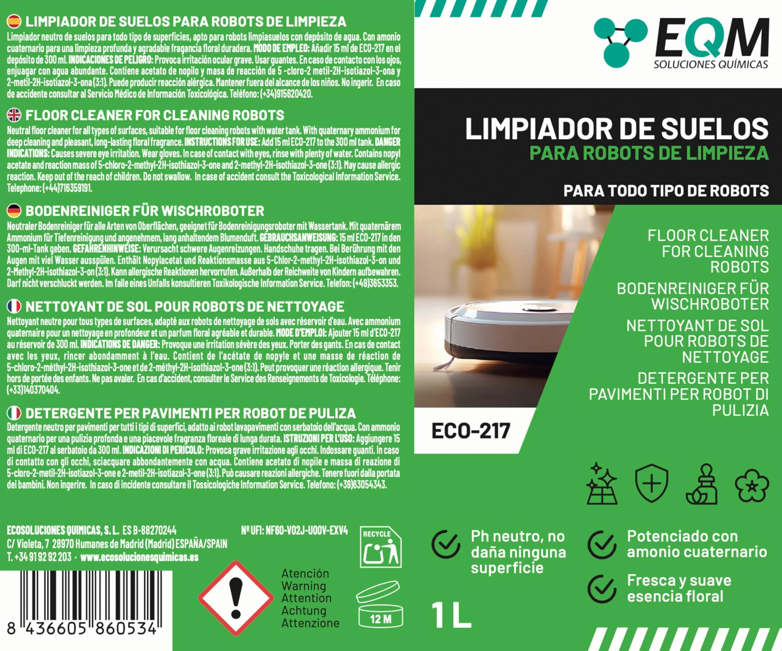 Limpiador de Suelos para Robots de Limpieza ECO-217 1L pH Neutro Aroma Floral
