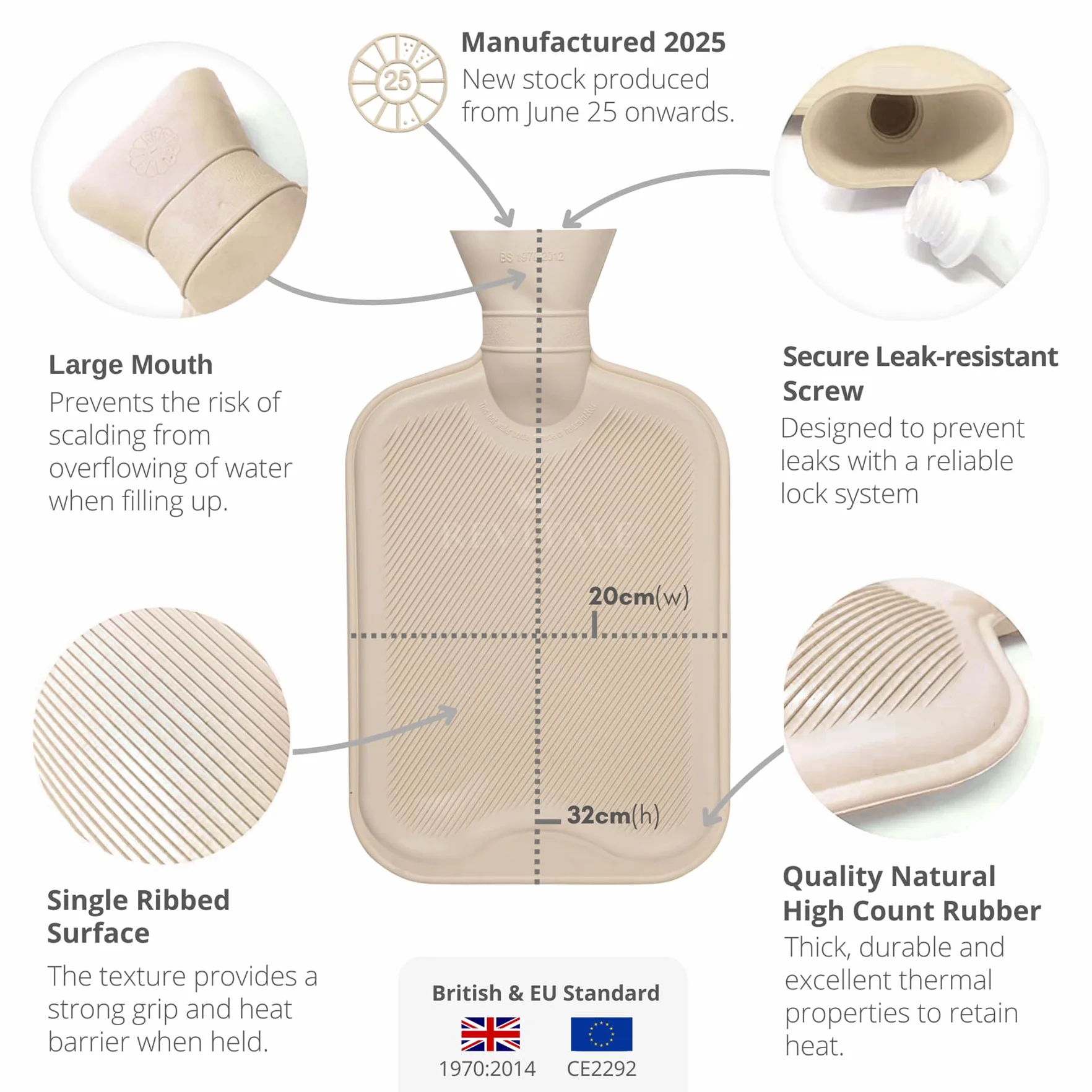 Revitale Bolsa de Agua Caliente 2 Litros, Caucho Natural, Norma BS1970:2012, Funda Manga, A Prueba de Fugas