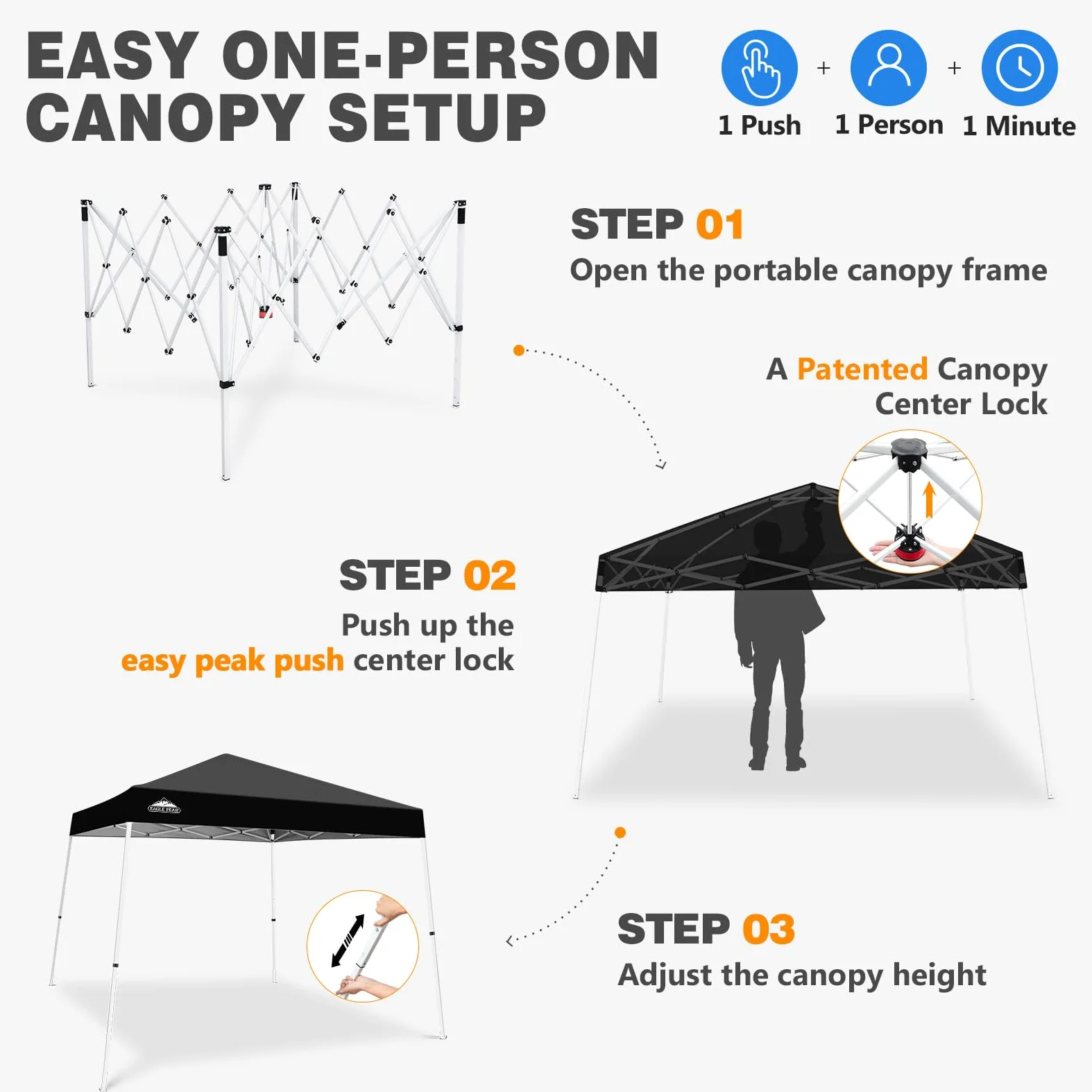 EAGLE PEAK Tienda de campaña desplegable con Patas inclinadas de 3 m x 3 m, toldo instantáneo para Exteriores, fácil instalación, Refugio Plegable, Color Negro