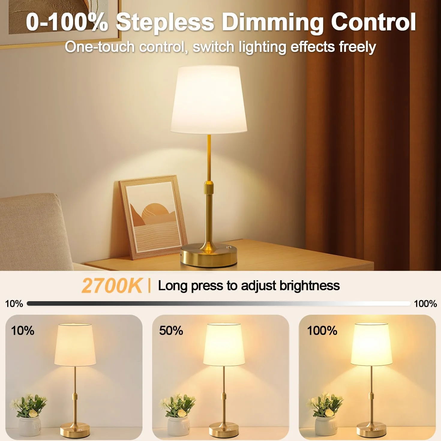 Lámpara de Mesa LED Inalámbrica Recargable con USB-C, 5200mAh, Ajustable en Altura, Toque, para Dormitorio Sala de Estar