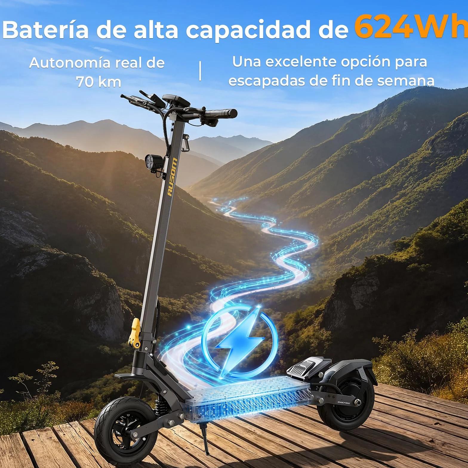 Patinete Eléctrico, Ausom Gosoul 2/Gosoul 2 Pro, 90KM /70km Autonomía, Batería 48V, Suspensión ShocFree, Neumáticos 10", Frenos de Disco+E-ABS, Scooter eléctrico
