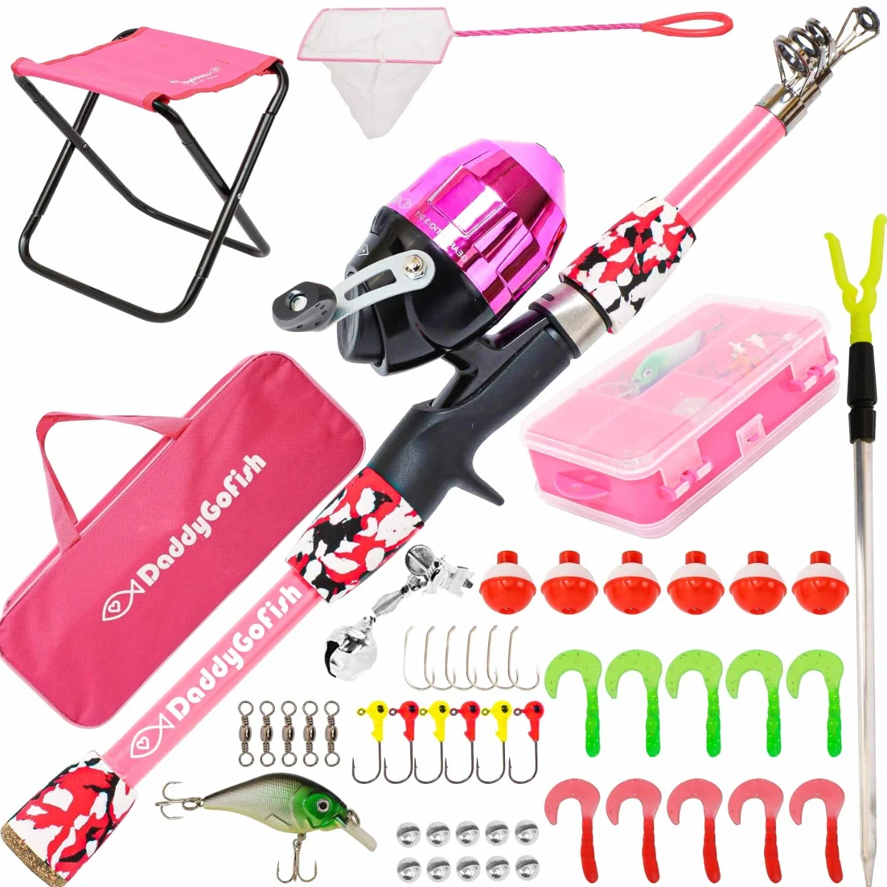 Daddy Go Fish Niños Caña de Pescar telescópica Spincast Combo Silla Plegable Soporte de Varilla Caja de Aparejos Red de Cebo Bolsa de Transporte Niños Niñas
