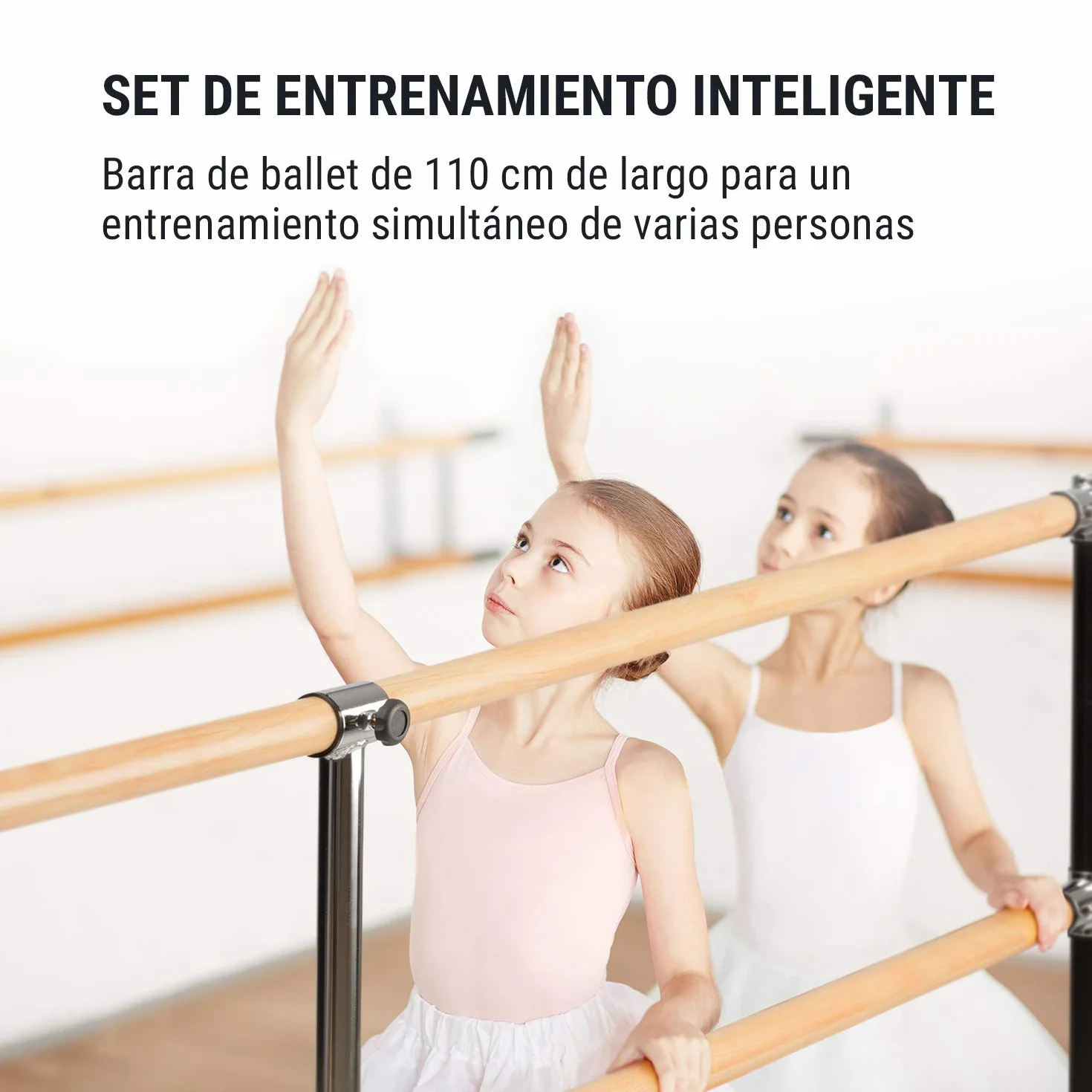 Klarfit Barre Doble de Ballet para Casa, Recubrimiento de Goma Antideslizante, Altura Flexible, Acero con Aspecto de Madera