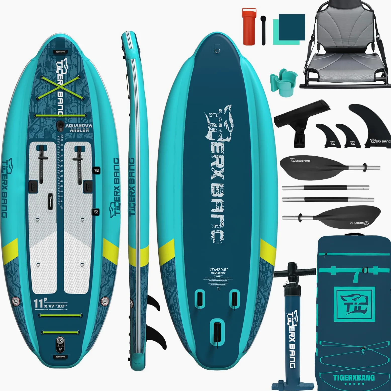 TIGERXBANG Kayak de pesca inflable de 335 x 120 x 20 cm, kayak de pesca con asiento, estable con soporte para cámara, bomba, doble remo y mochila, kayak para pesca, lago y ocio