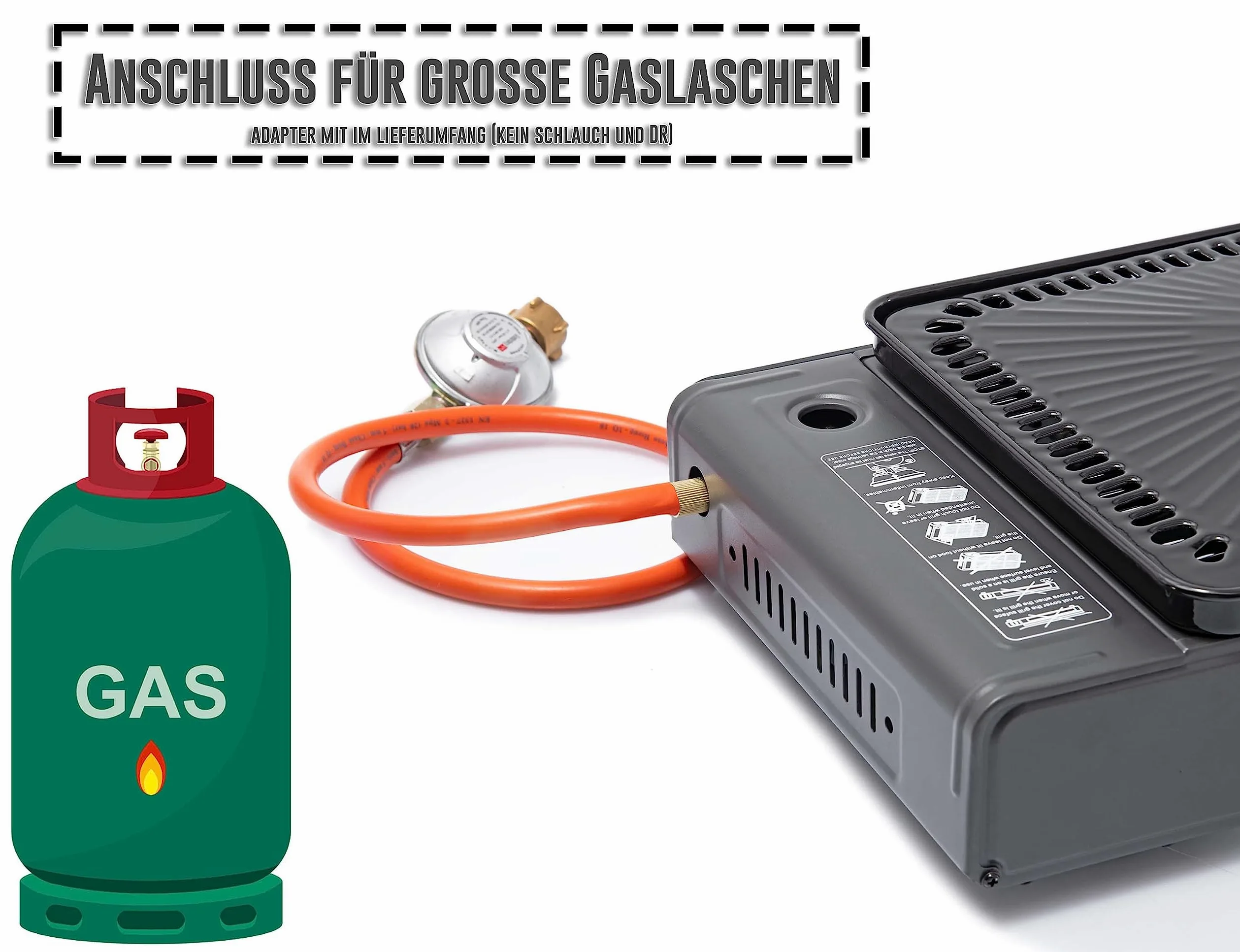 XXL Cocina Camping Cocina Gas Portable Cocina de Gas RS-4030 Parrilla de Gas Mechero de Gas - Negro - hervidor con 8 Cartuchos