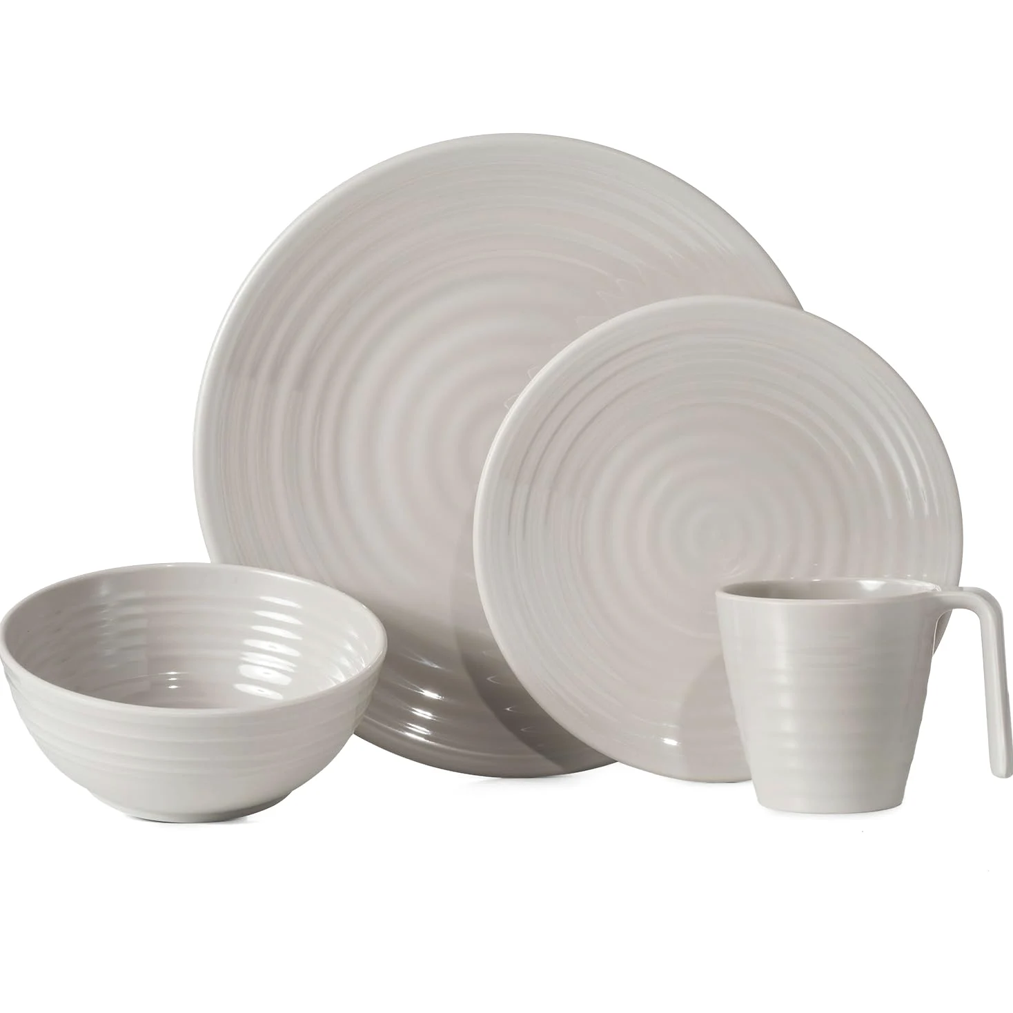 Vajilla de melamina para camping, 4 personas, diseño de café, 16 piezas + 4 vasos Timo, copas de champán, vajilla de pícnic, barbacoa