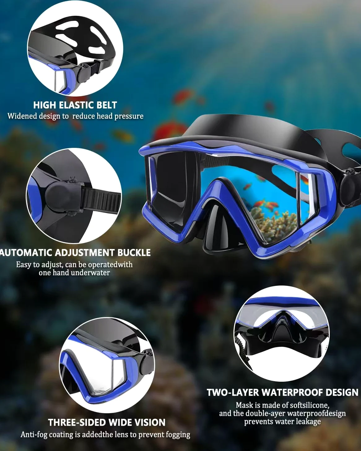 AQUA A DIVE SPORTS Máscara de buceo antivaho para adultos - Azul