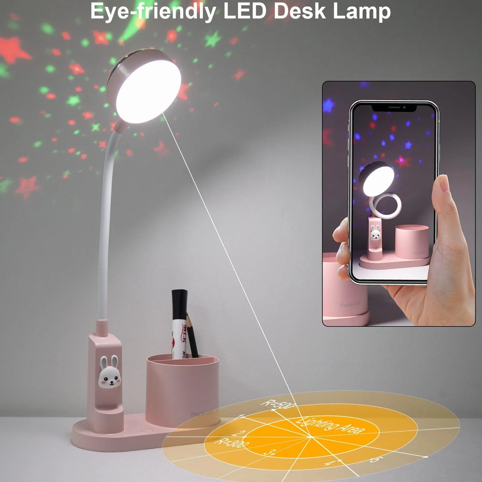 Lámpara de Escritorio LED Infantil Niña 2000mAh Recargable USB 3 Niveles de Brillo con Proyector de Estrellas Rosa