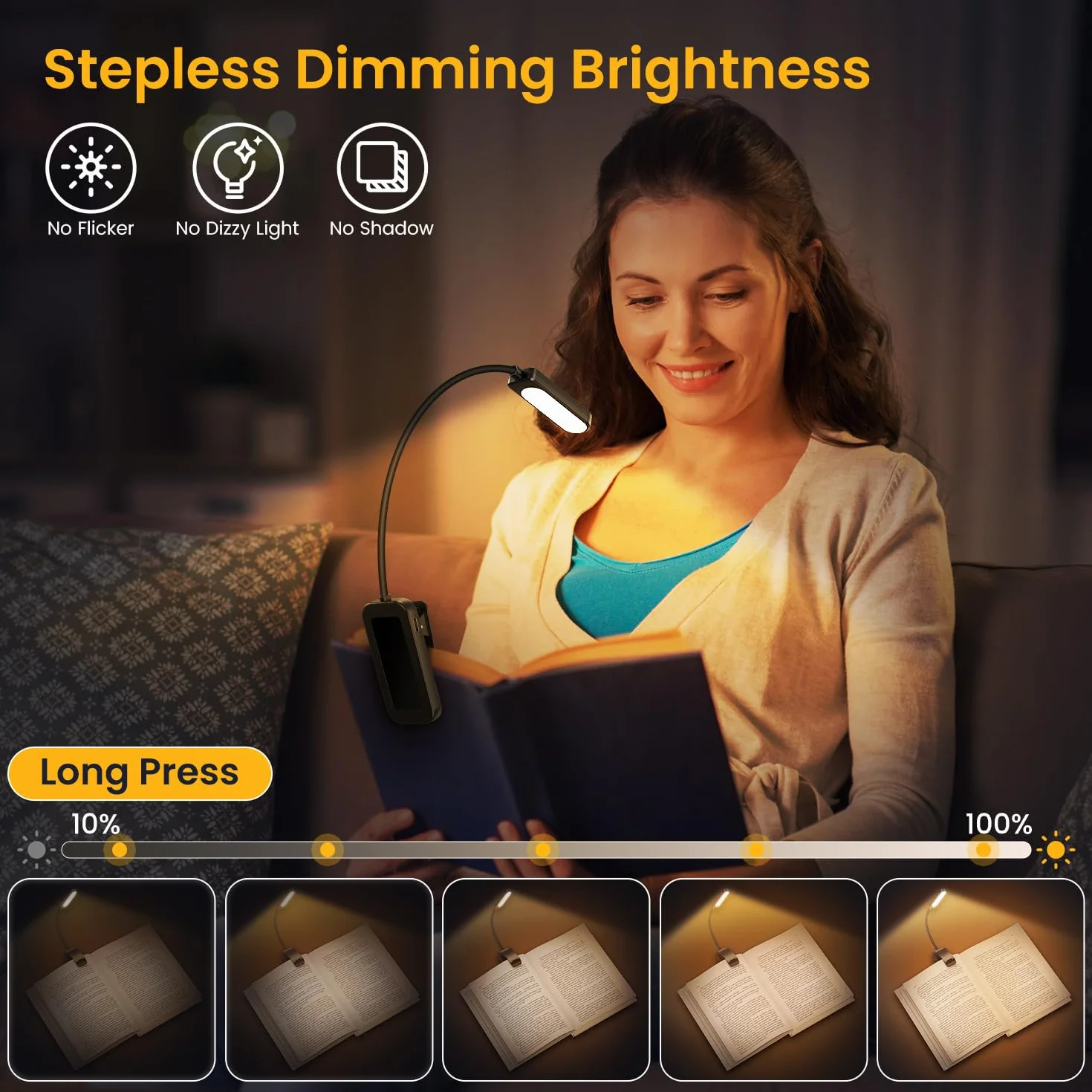 Luz de Lectura USB Recargable 10 LED 3 Colores Atenuación Continua 360° Flexible Protección Ojos Larga Duración