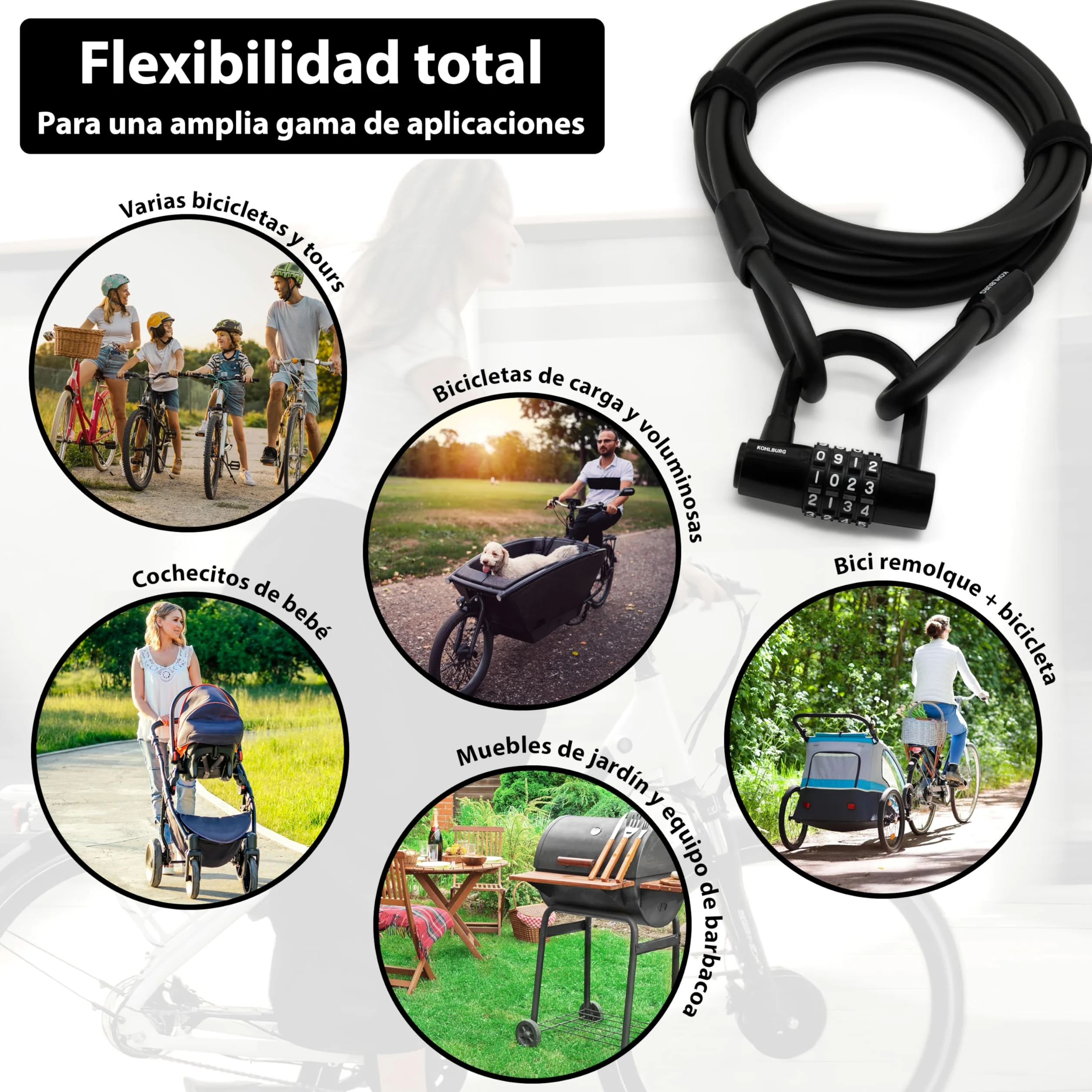 KOHLBURG Candado de cable con combinación 500cm candado bicicleta antirrobo | Candado combinacion 5 metros | Cable de acero con cintas de gancho y bucle | Antirrobo para bici, muebles de jardín, remolque