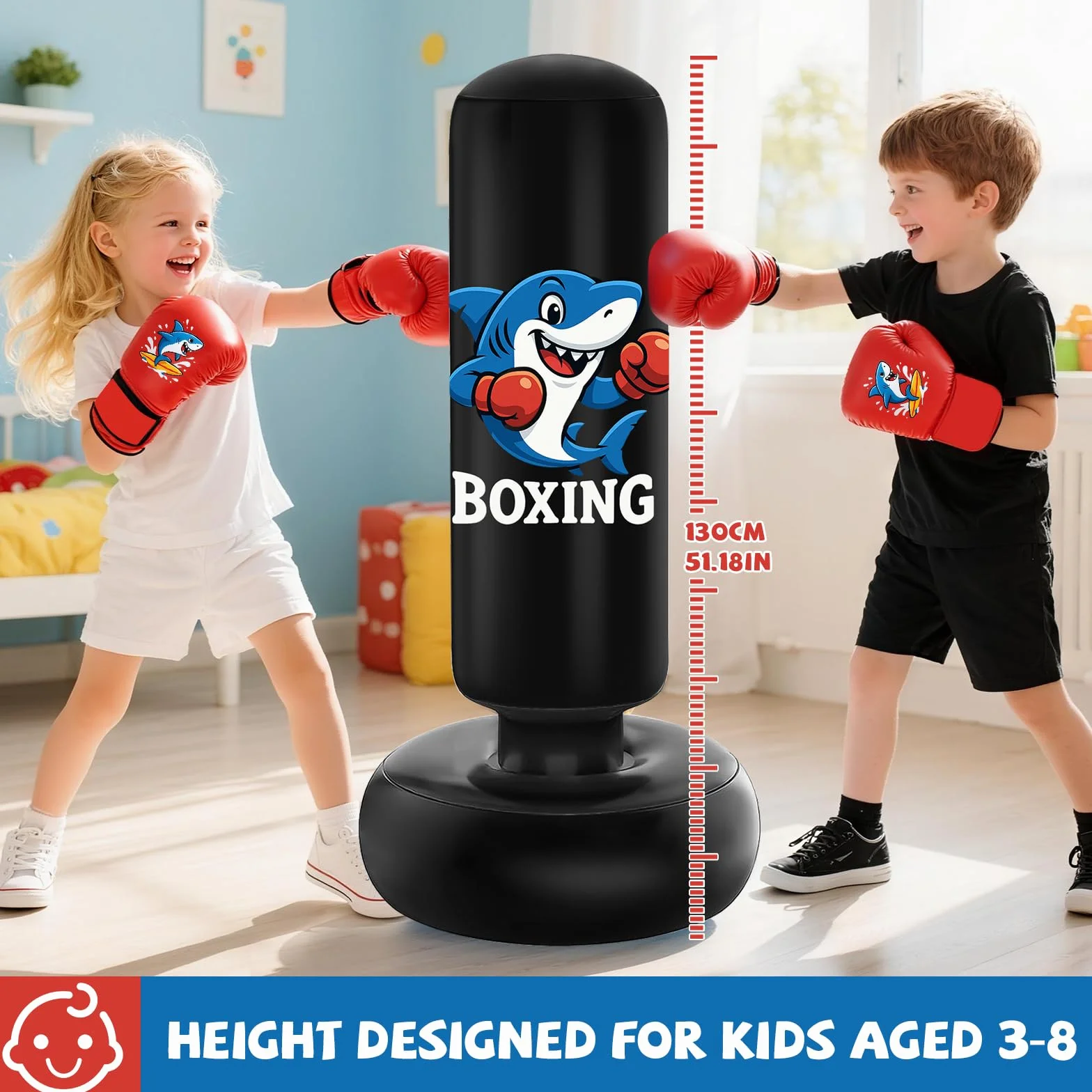 Saco de Boxeo Niños 3-8 Años 130cm con Bomba de Aire y Guantes, Bolsa de Boxeo Inflable para Karate Kickboxing MMA