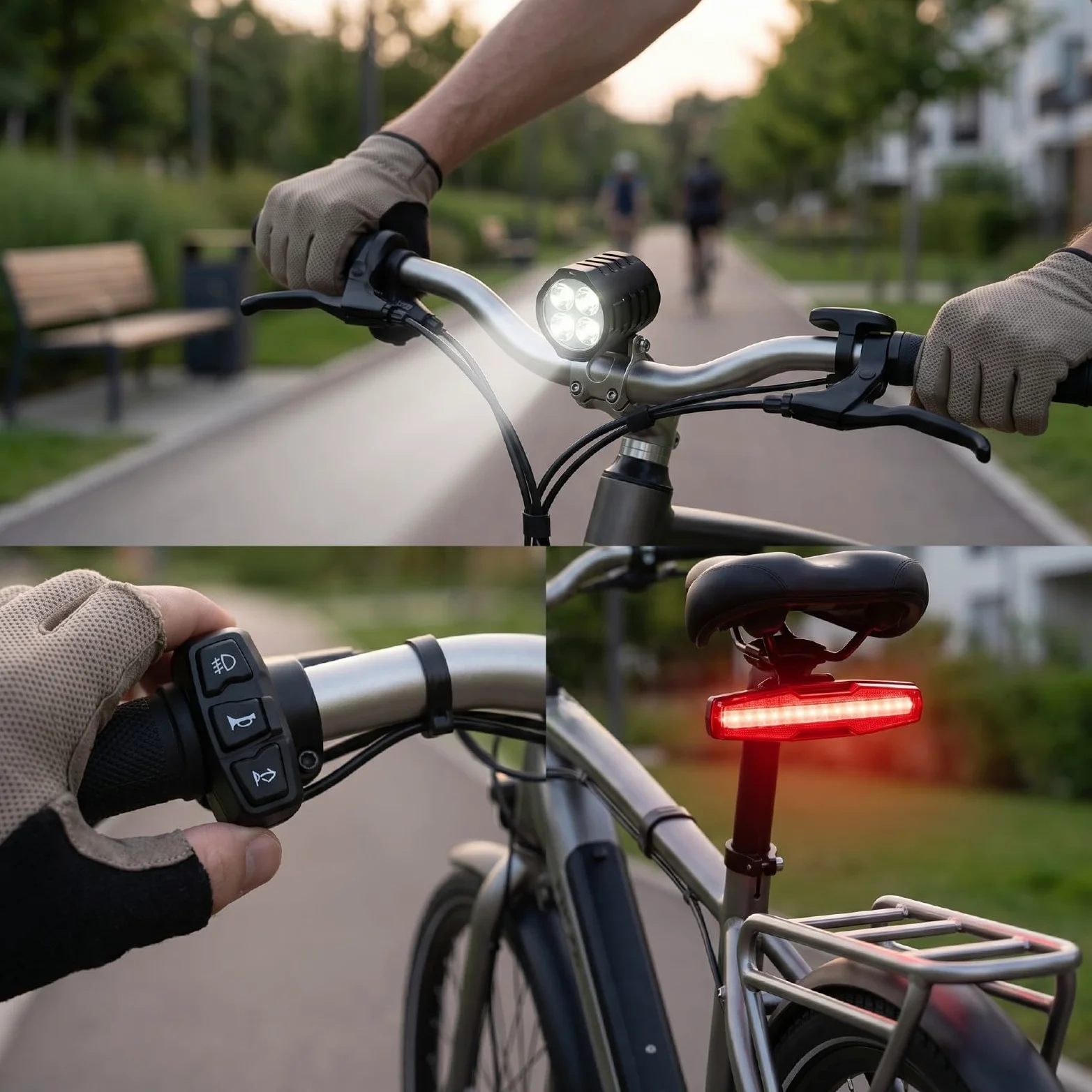 Luocute Juego de Luces para Bicicleta Eléctrica, Faro LED de 400 Lúmenes con Bocina, Luz Trasera con Señal de, Interruptor de Control del Manillar para Accesorios de Bicicleta