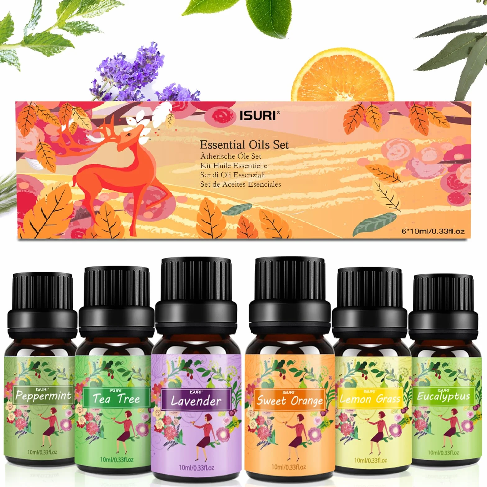 Set de Aceites Esenciales 100% Natural para Difusor, 6 x 10 ml, Aromaterapia