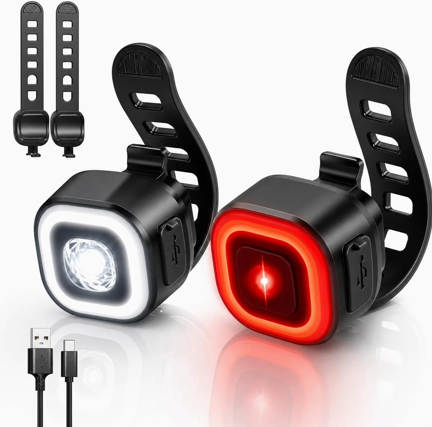 Juego de luces LED para bicicleta, homologadas por StVZO, luz de bicicleta recargable con luz de freno inteligente, luz trasera, IPX5, resistente al agua y a los golpes, juego de luces de bicicleta
