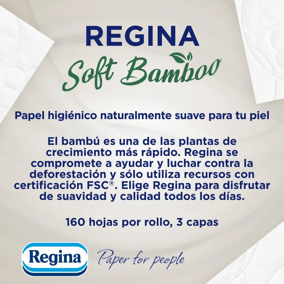 Regina Soft Bamboo Papel Higiénico 3 Capas 160 Hojas Fibras de Bambú Certificación FSC
