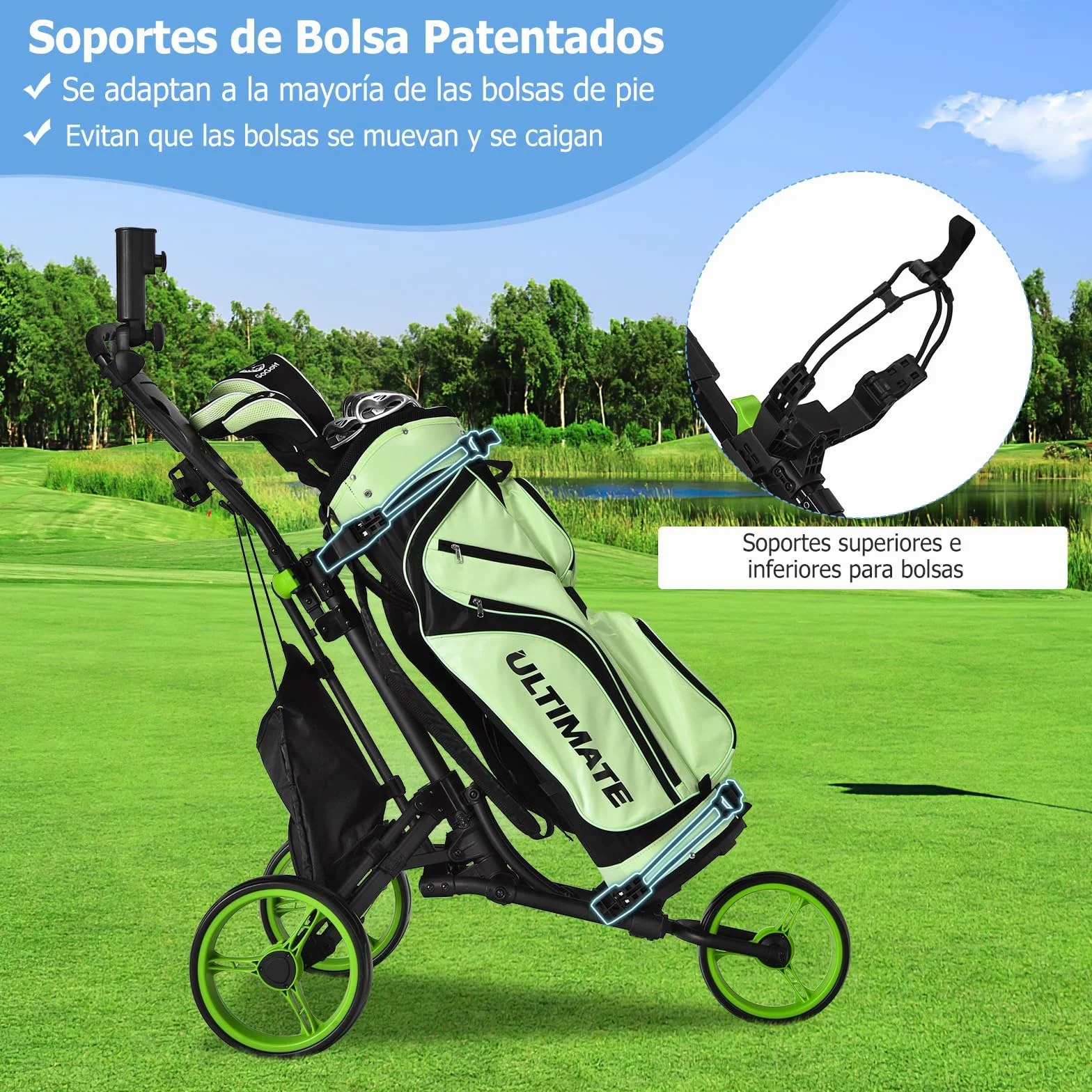COSTWAY Carro de Golf Plegable 3 Ruedas con Bolsa Aluminio, Paraguas Regulable y Portavaso