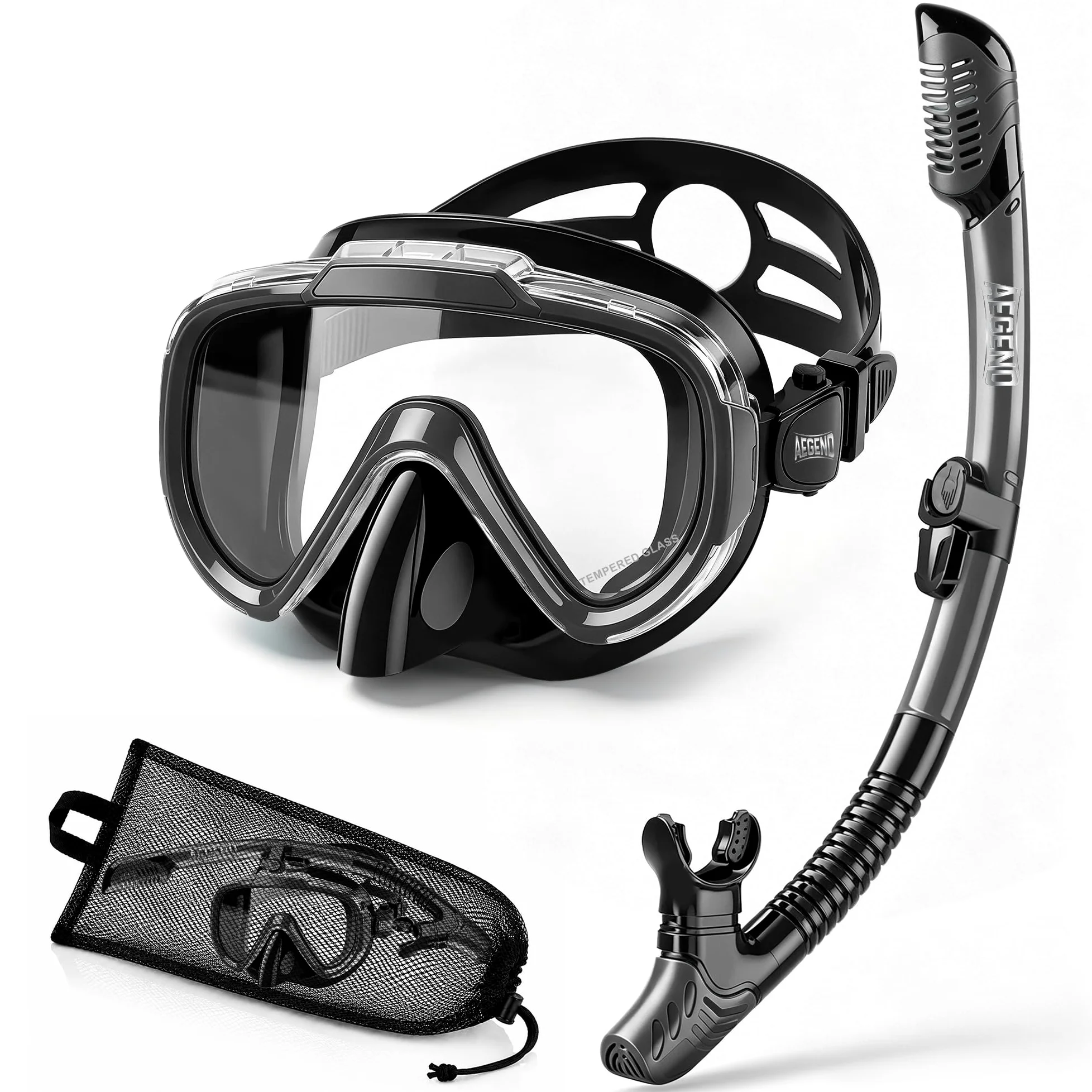 Aegend Equipo de esnórquel para adultos, jóvenes y niños, juego de esnórquel seco con cubierta ergonómica para nariz elevada para antivaho con bolsa de malla, visión HD antifugas para buceo