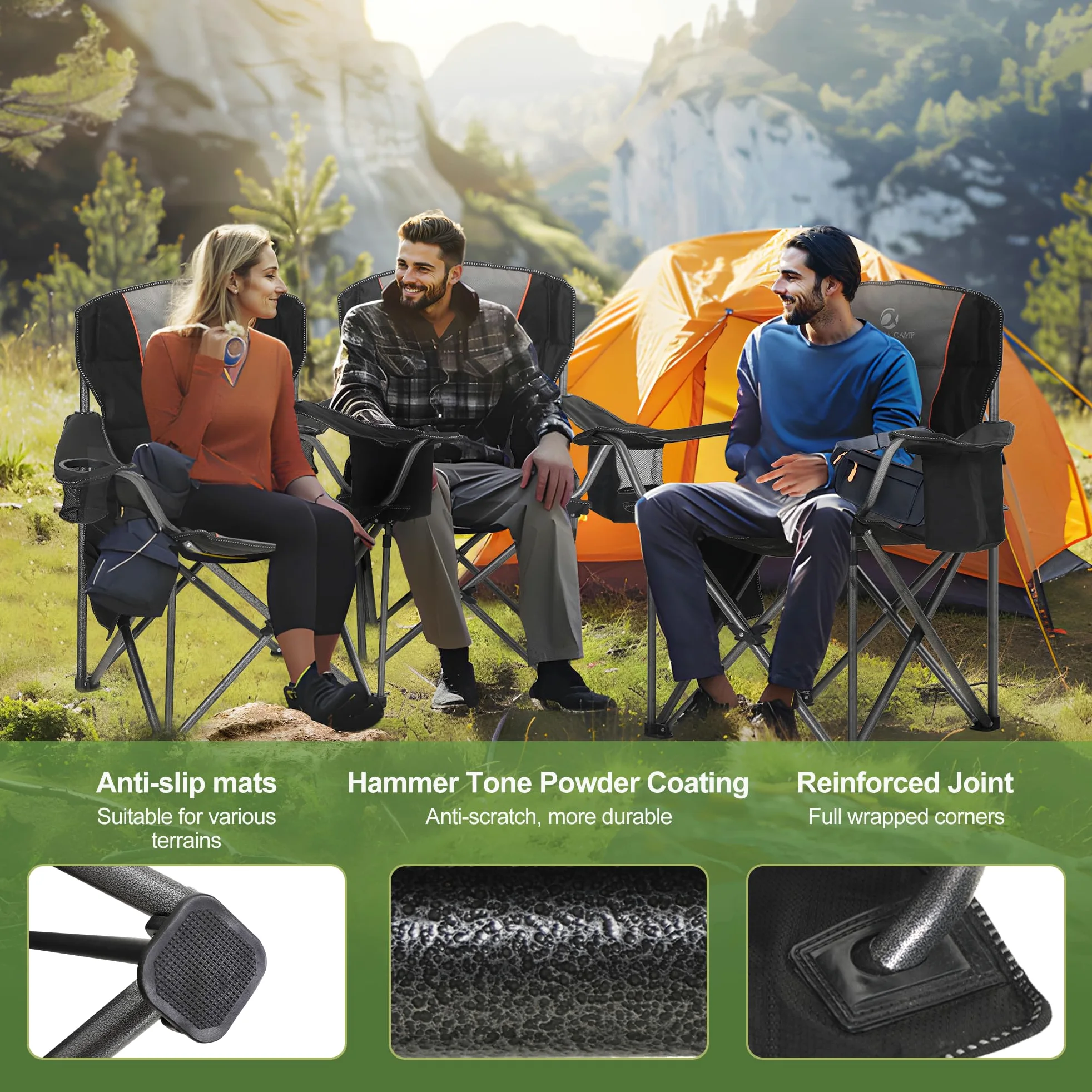 LET'S CAMP Silla plegable de camping con soporte para bebidas, plegable, hasta 200 kg, juego de 2 unidades