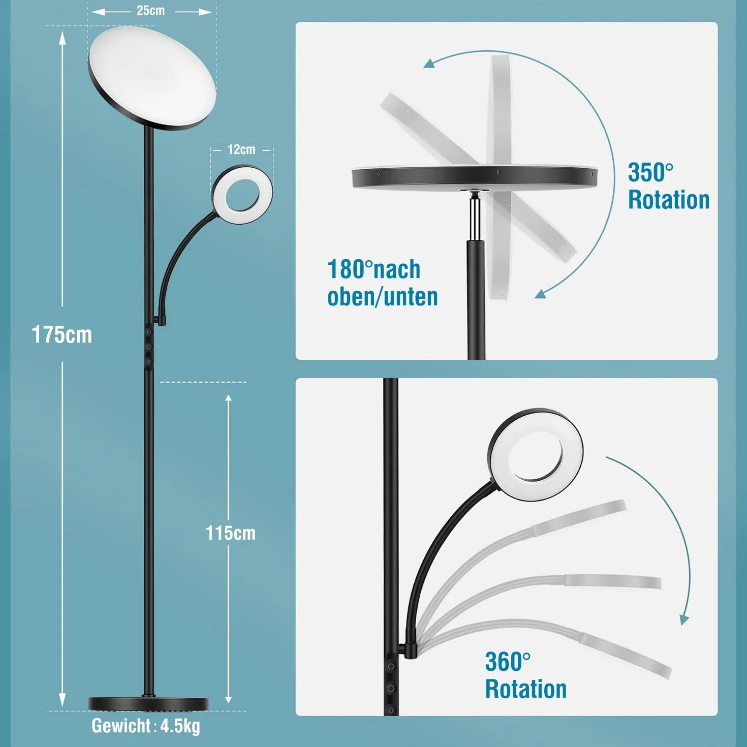Yikuneng Lámpara de Pie LED Regulable 42W 4500LM con Control Remoto y Táctil