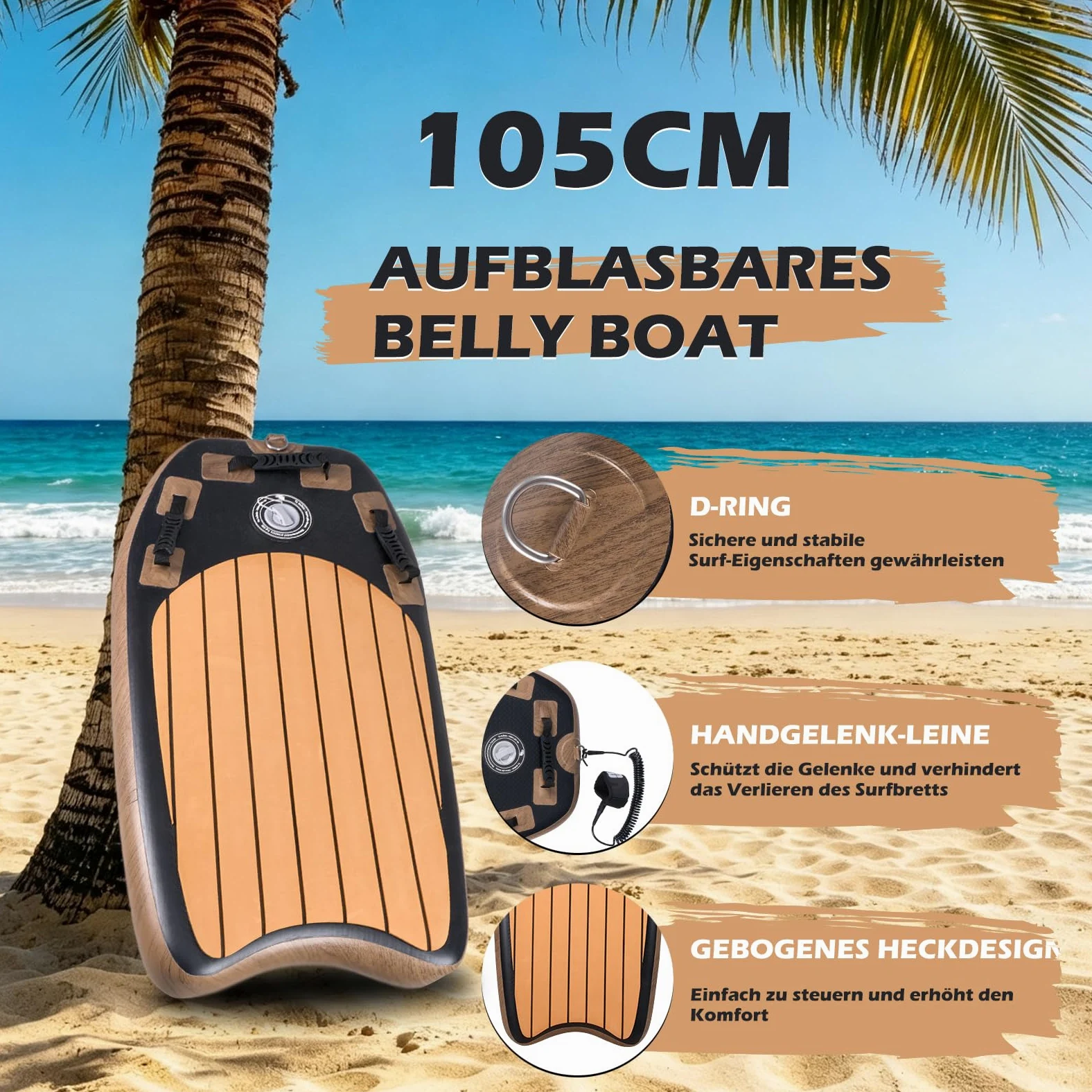 DURAERO Tabla de boogia inflable de 105 x 53 x 10 cm, tabla de surf para niños y adultos, tabla de surf con 2 asideros, bomba de aire, bolsa de transporte, kit de reparación e instrucciones (idioma