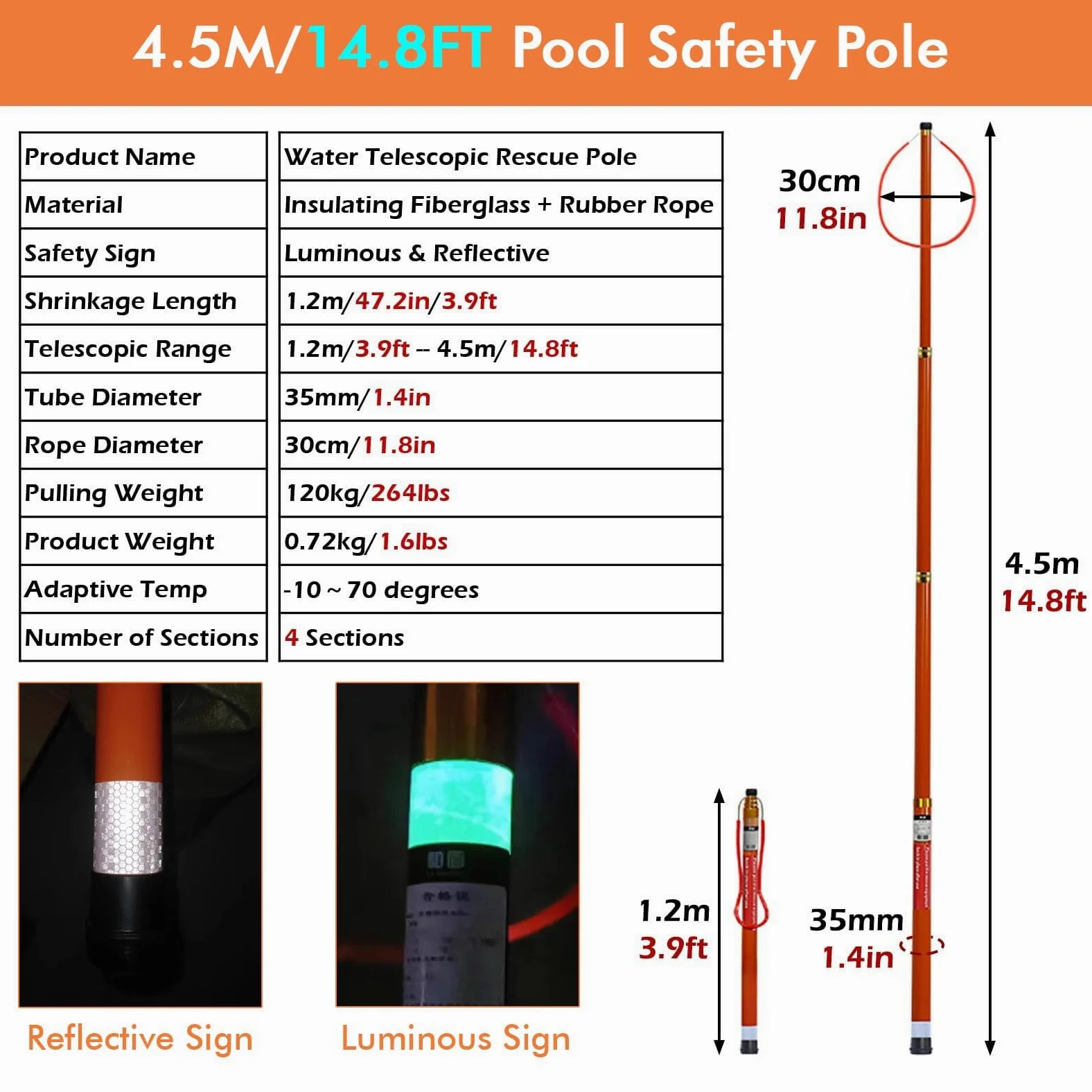 Gancho y poste para salvar vidas de piscina, postes reflectantes resistentes de rescate para salvar vidas/varillas de fibra de vidrio para niños mayores, adultos, yates de barco, muelle junto al lago