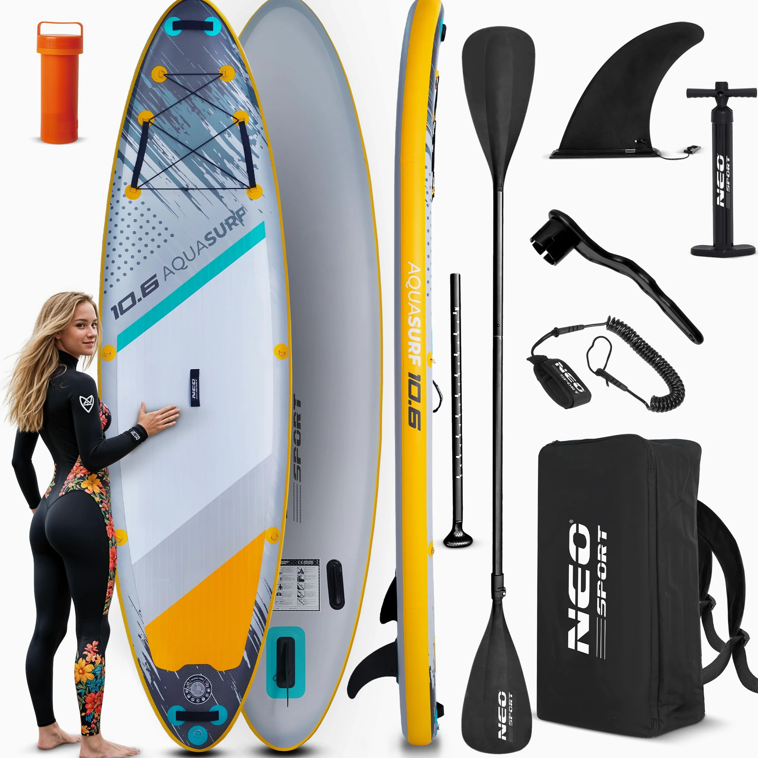 Neo-Sport Tabla de Sup Inflable - 320 cm - Kit de Accesorios - Bomba de Mano Remo Mochila - Aquasurf 10.6