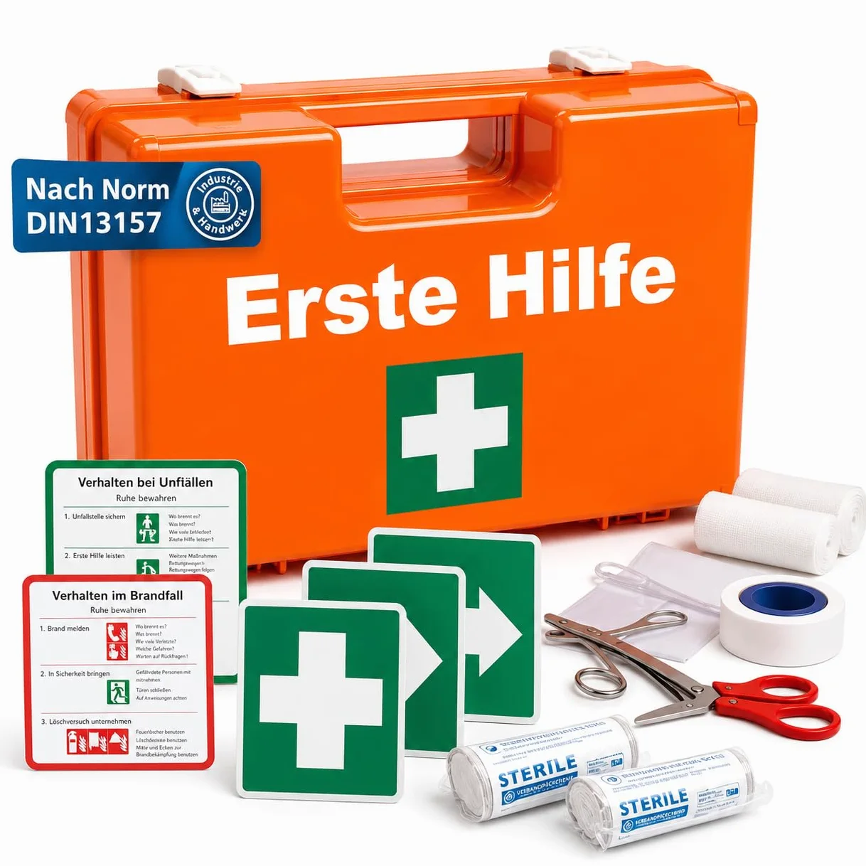 Botiquín de primeros auxilios - Caja DIN 13157 para pared, hogar y empresa - y 5 pegatinas - botiquín de primeros auxilios naranja - incl. montaje en pared