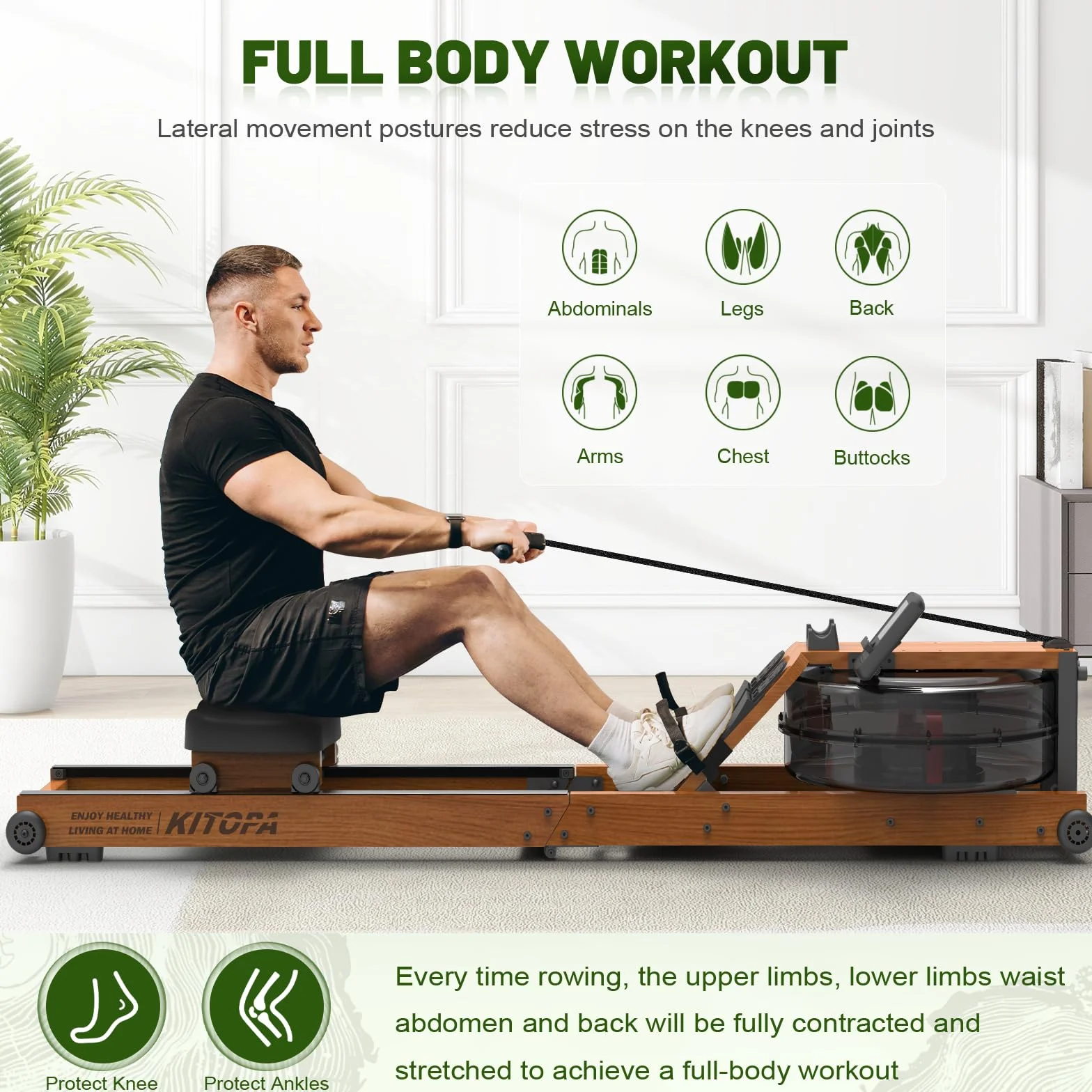 Kitopa Máquina de Remo para Gimnasio en casa, máquina de Remo Plegable de Madera de Roble con Monitor Bluetooth y Soporte Ajustable para teléfono, máquina de Remo de Agua con Capacidad de Peso de 200