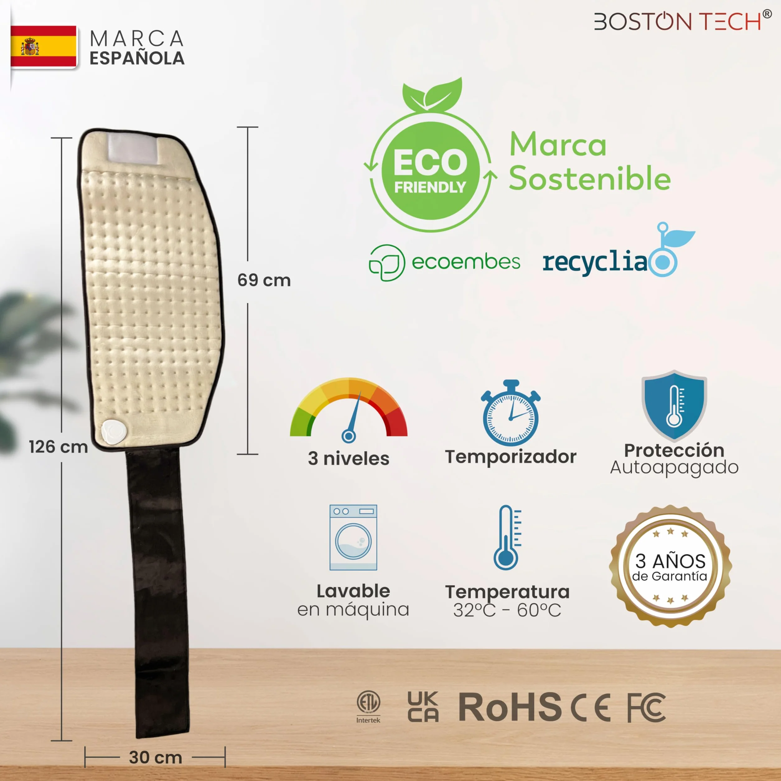 Almohadilla Térmica Eléctrica WarmFlex 29x69 cm Microfibra Calentamiento Rápido 3 Niveles Temperatura Lavable