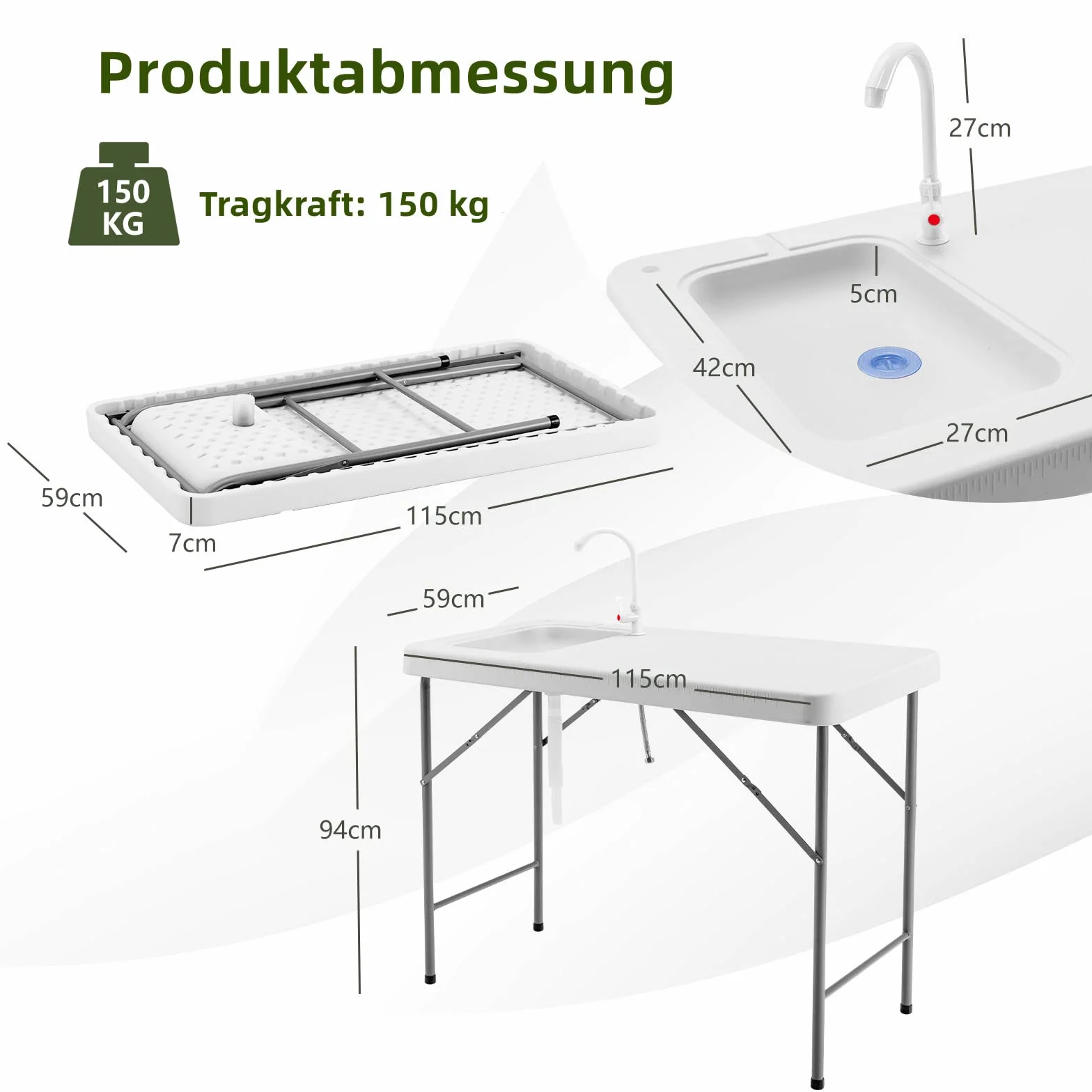 GYMAX Mesa de Camping con Fregadero y Grifo, Mesa de Fileteado, Mesa de Limpieza de Pescado, Plegable con Escala de Medición, Fregadero de Jardín, para Camping, Pesca