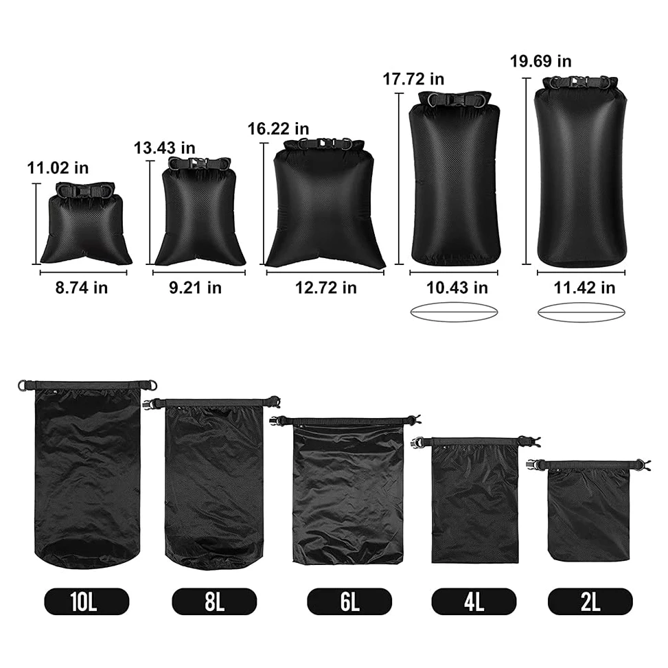 Pack de 6 Bolsas Impermeables para Kayaking, Boating, Bolsa Seca, Almacenamiento al Aire Libre para Canoeing, Camping, natación, Senderismo, Color Negro