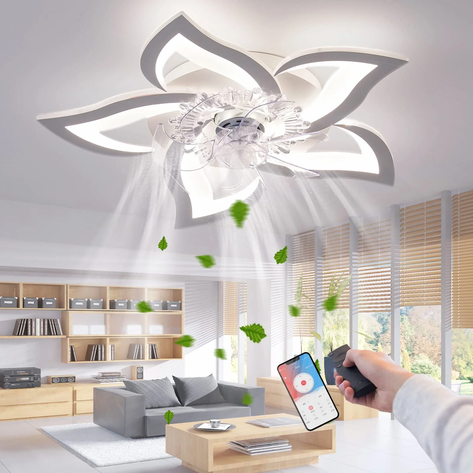 Ventilador de techo con Luz LED Regulable Silencioso Mando a Distancia APP 69cm Blanco