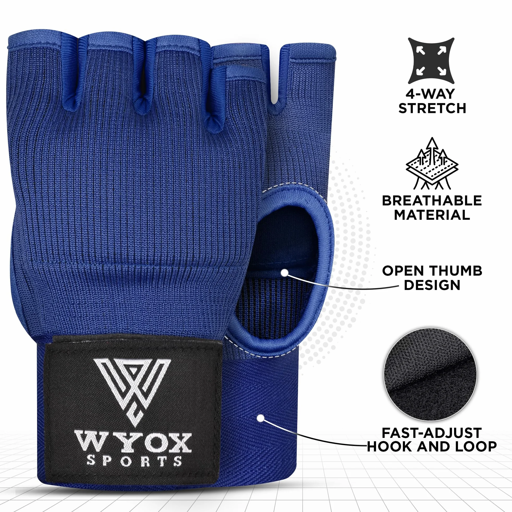 WYOX Guantes interiores de boxeo de gel para hombres y mujeres, correa de muñeca rápida de 80 cm, soporte acolchado para nudillos, sin dedos, artes marciales mixtas, Muay Thai, kickboxing, para